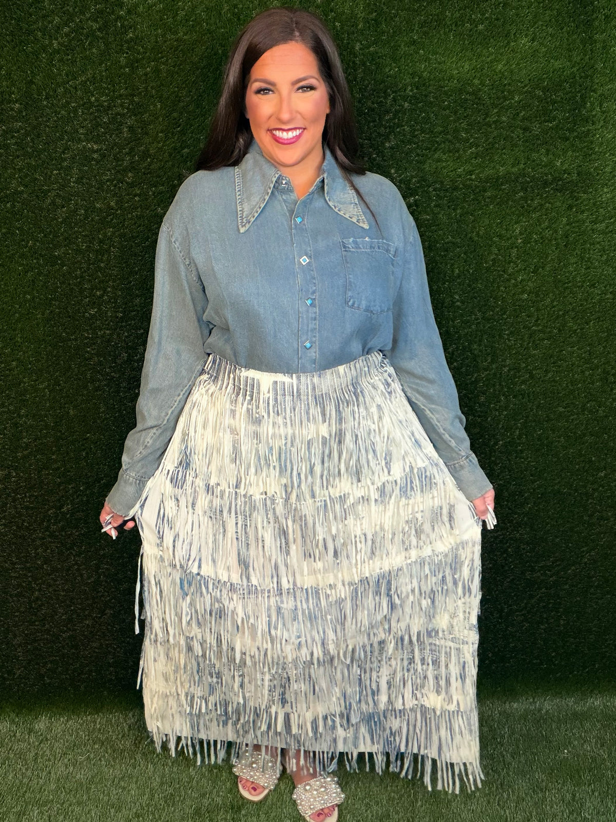 Stars Have Aligned Fringe Maxi Skirt - Denim Design