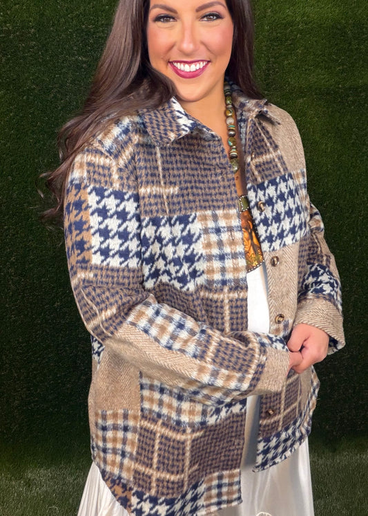 Fireside Coziness Houndstooth Plaid Shacket - Navy/Brown Mix