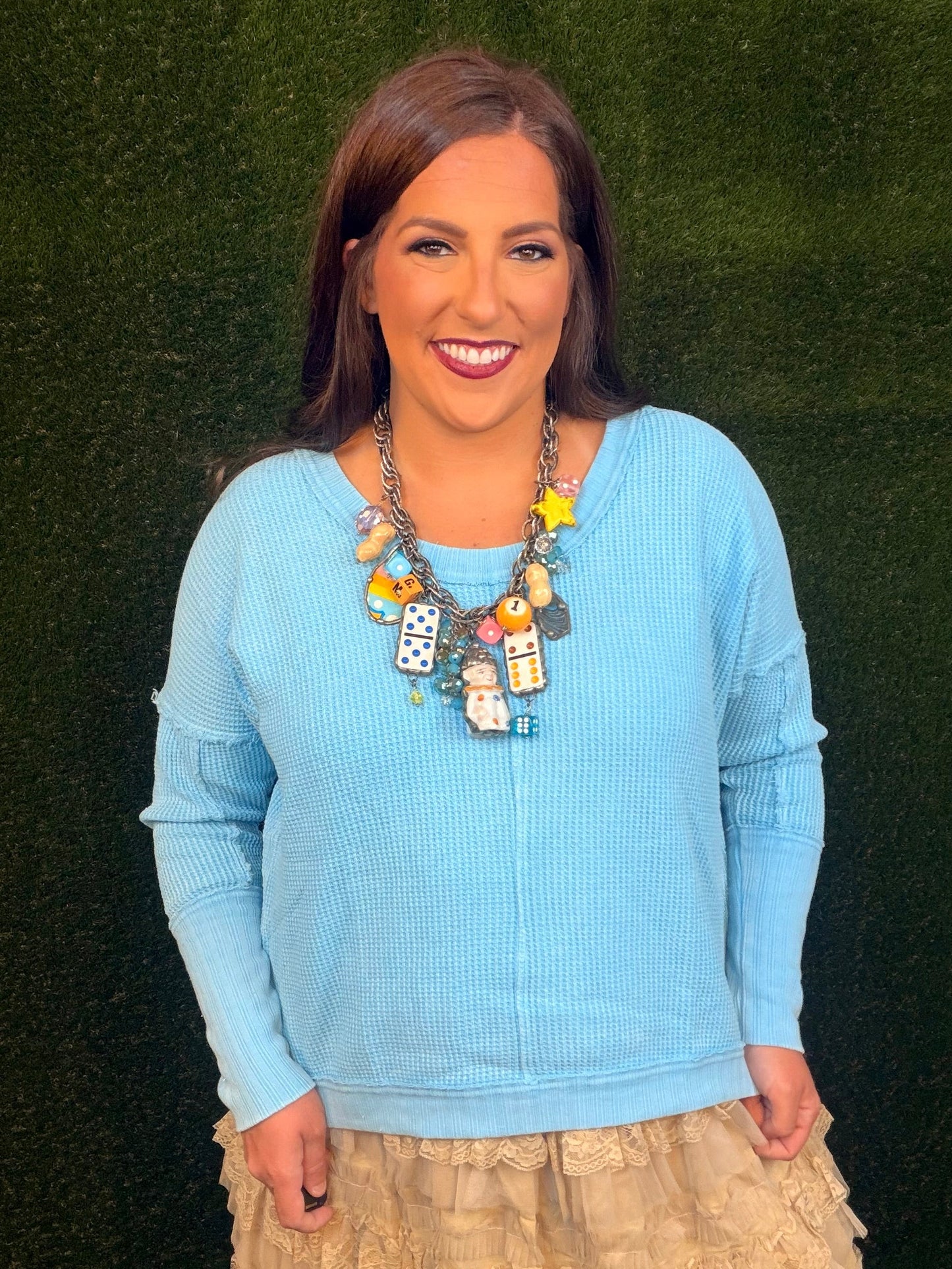 Waffle Round Neck Top - Aqua