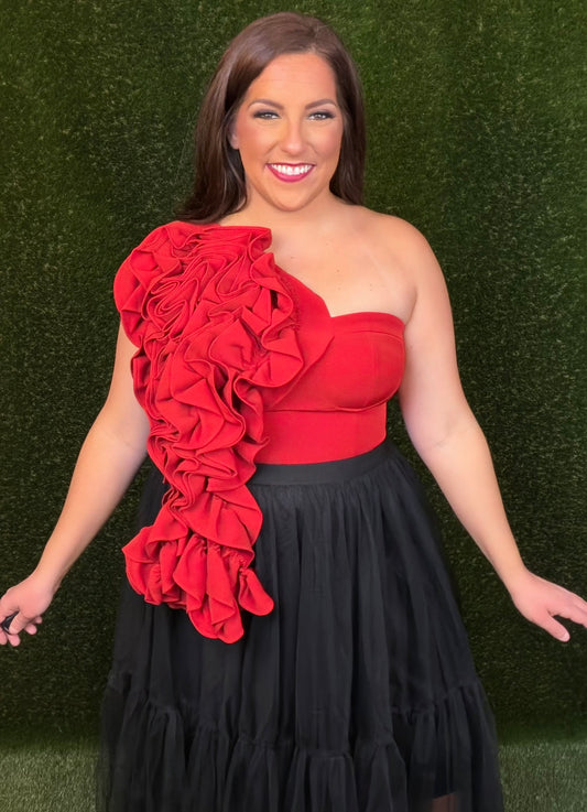 Crimson Crush One-Shoulder Top- Red