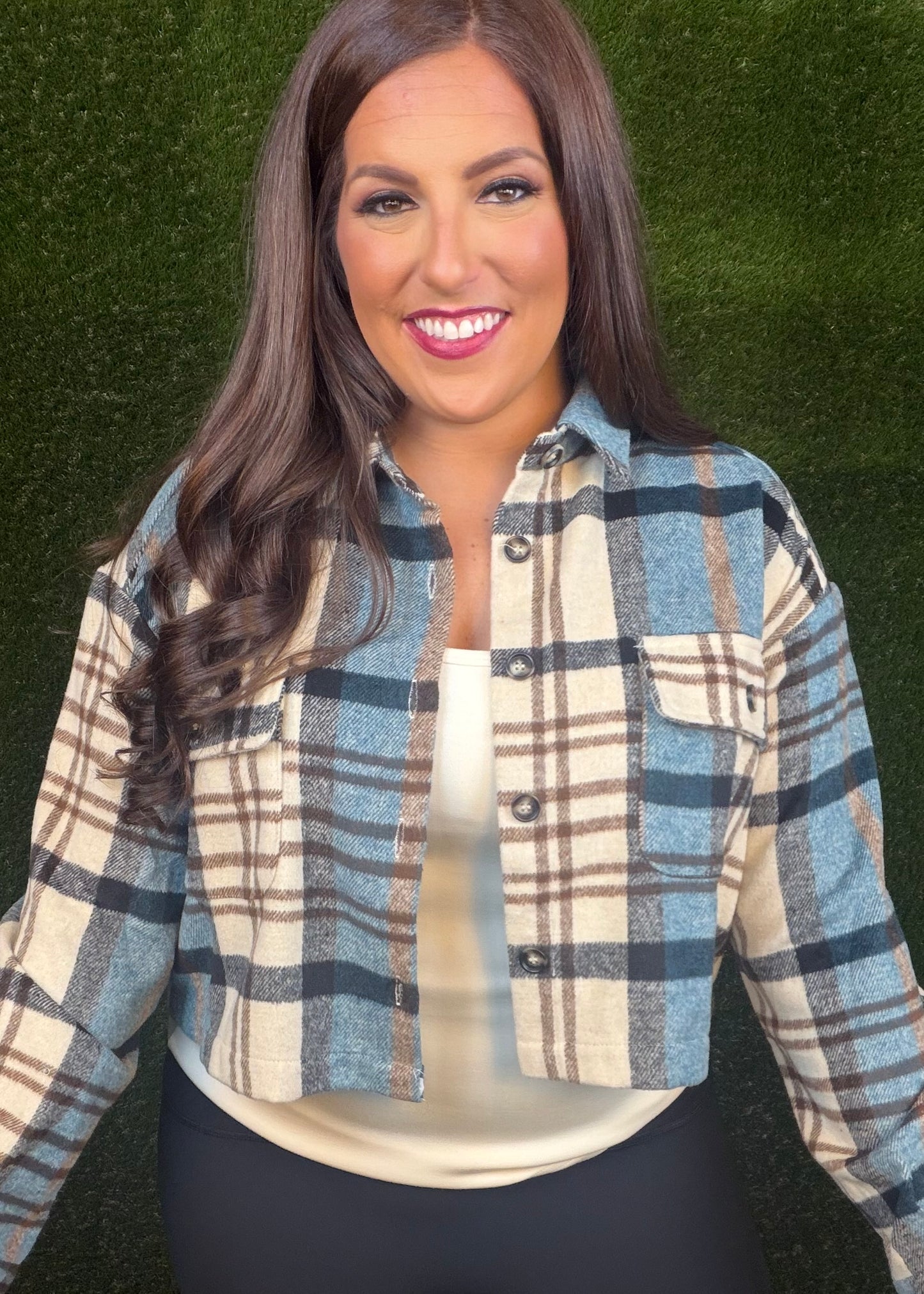 Toasted Earth Cropped Shirt Jacket - Teal/Brown Combo