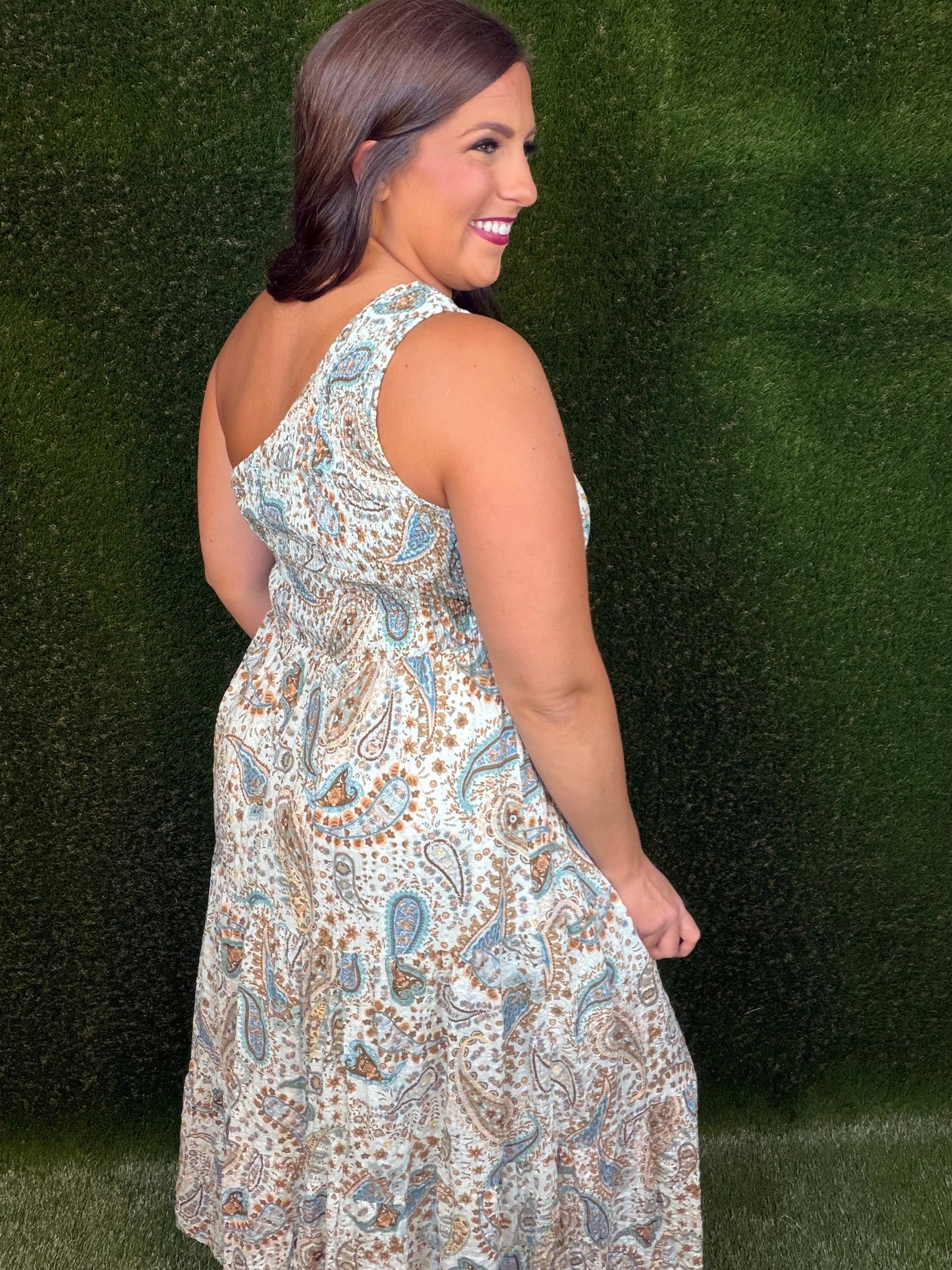 One shoulder Paisley Midi Dress - Mint