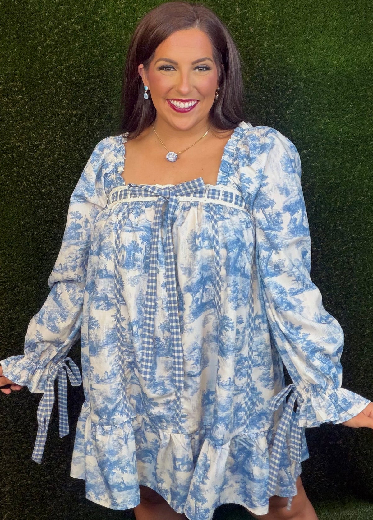 Roots & Ruffles Autumn Fall Toile Dress - Blue