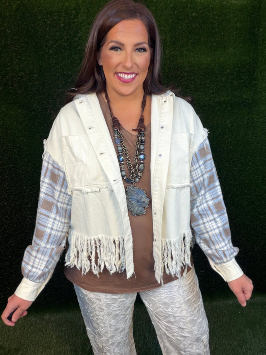 Plaid Sleeve Button Front Jacket - Cream Combo