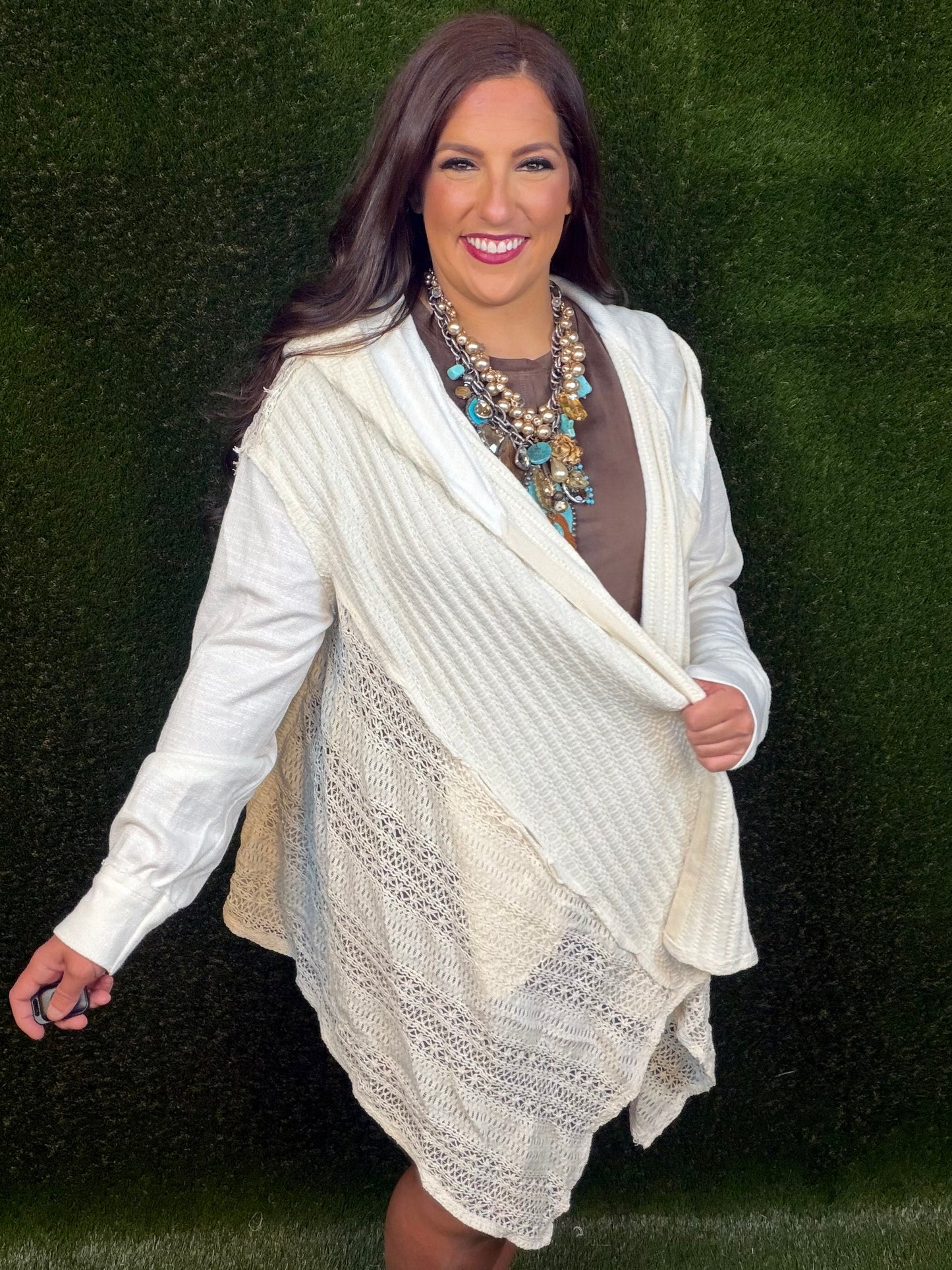 Lace Hoodie Open Jacket Cardigan - Natural