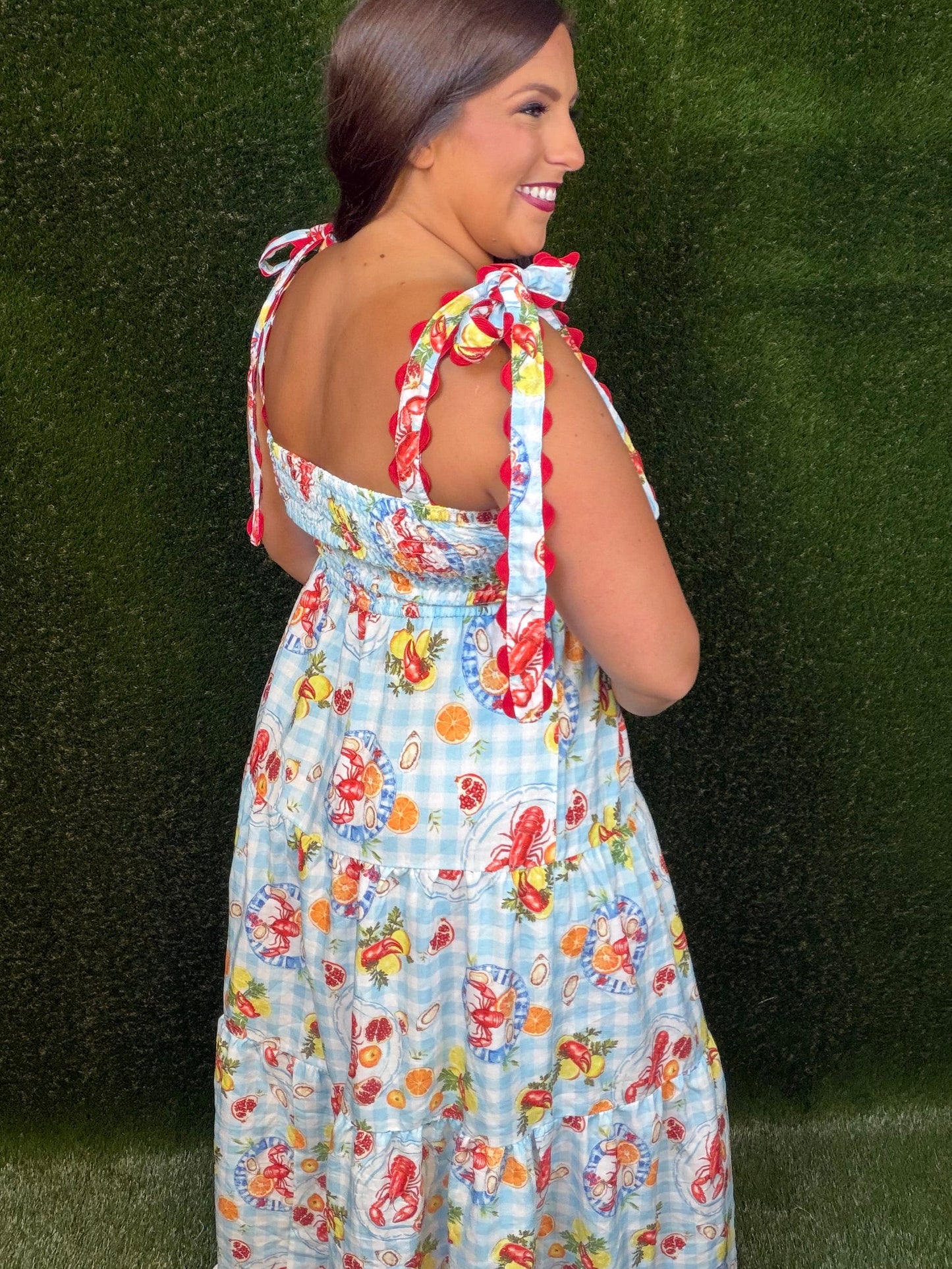 Seafood Boil Gingham Dress - Sky Blue