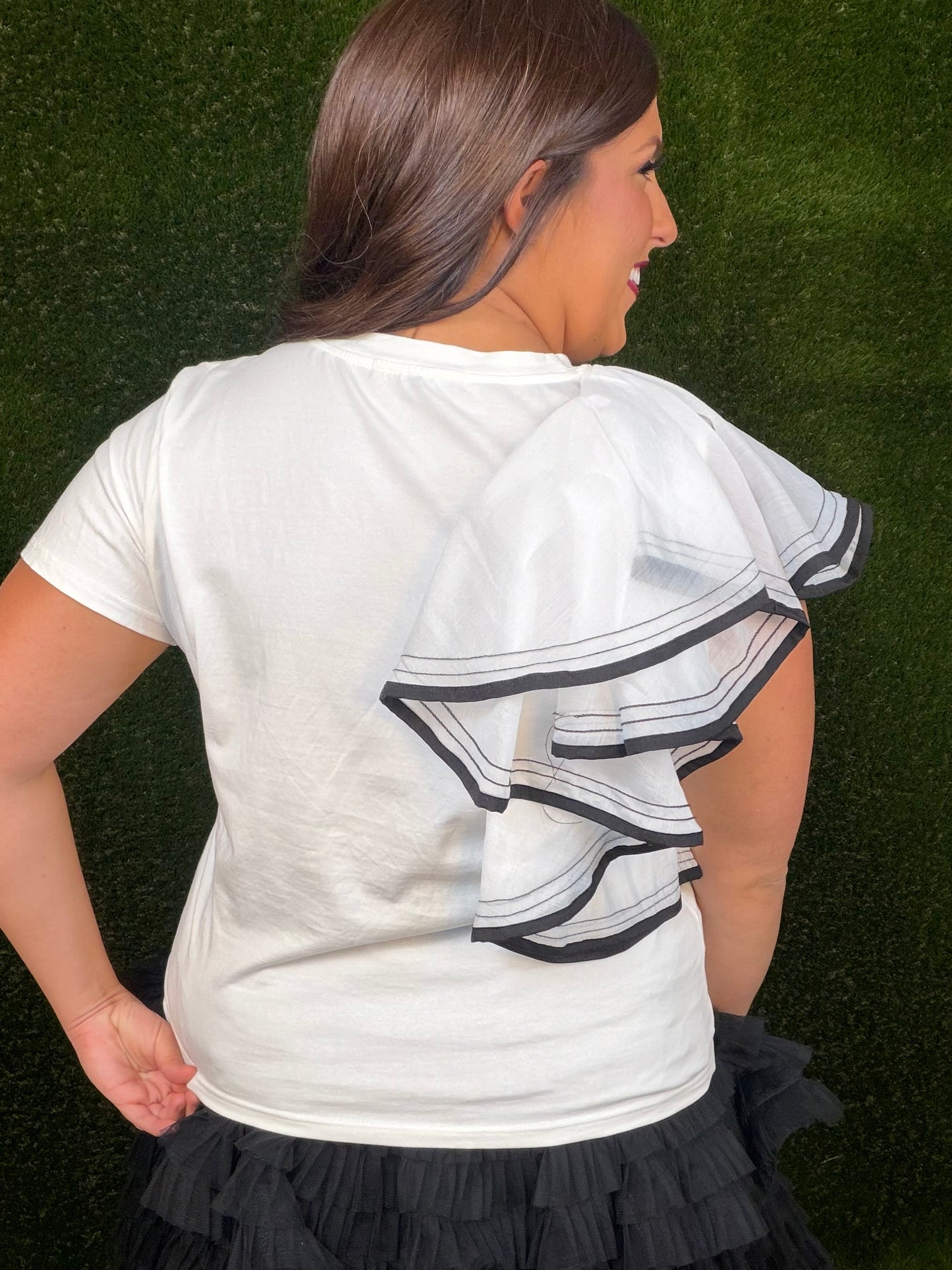 Ruffle Me Away Top w/ Black Trim -White