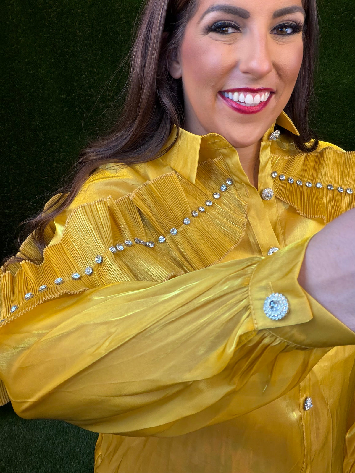 Mustard Gold Shimmer Ruffle Top