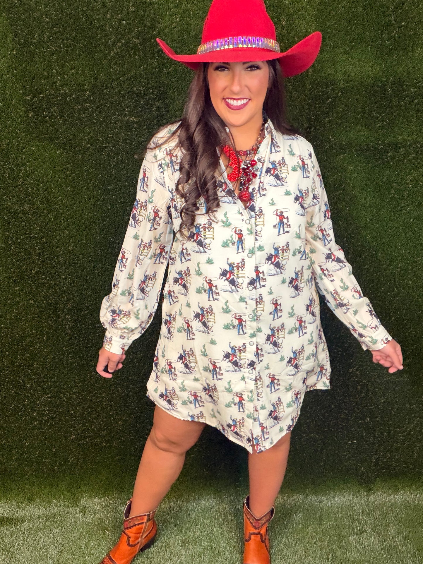 Roping and Riding Cowboy Pearl Snap Dress - Cream
