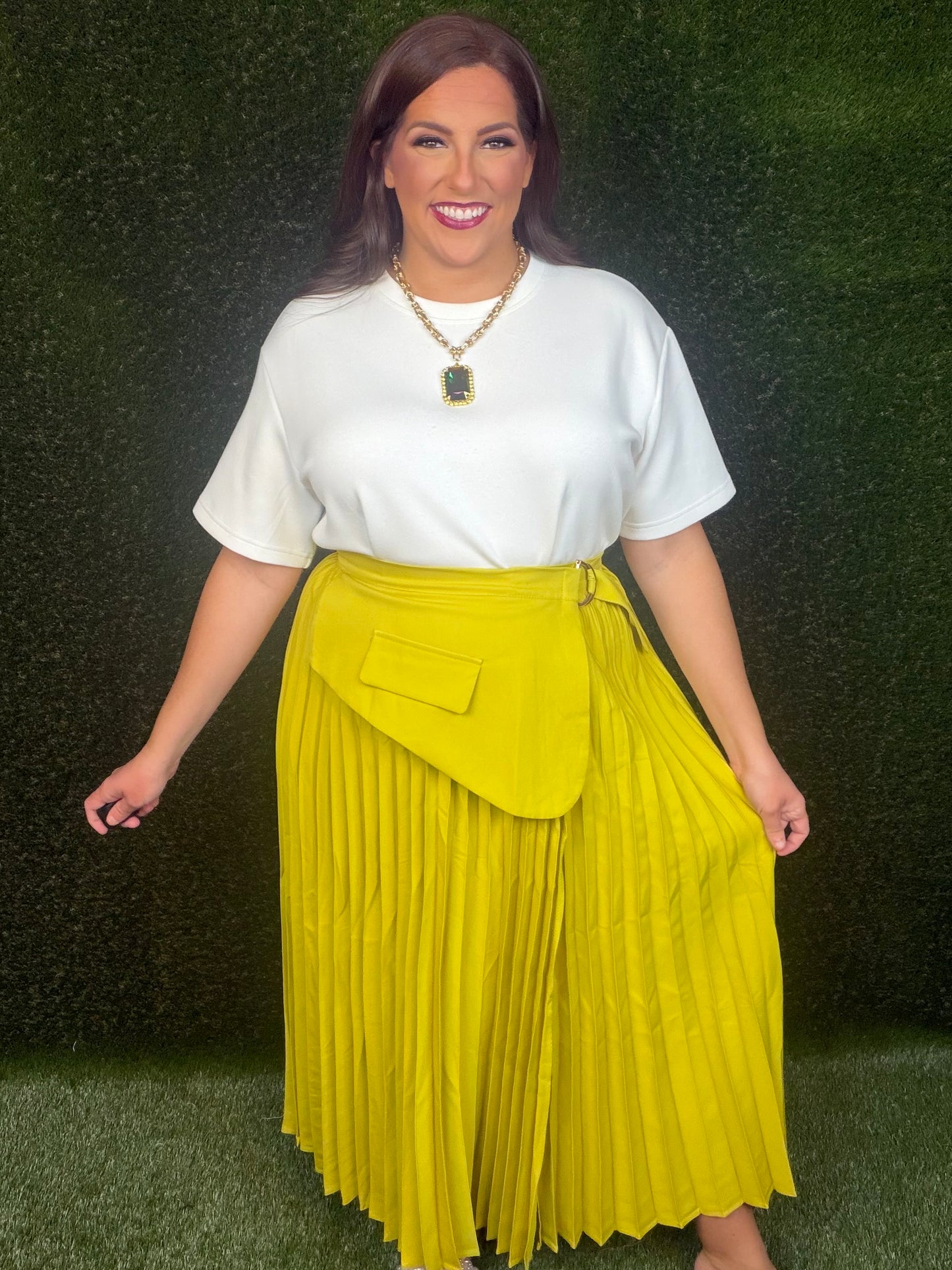 Pleated Wrap Skirt - Chartreuse
