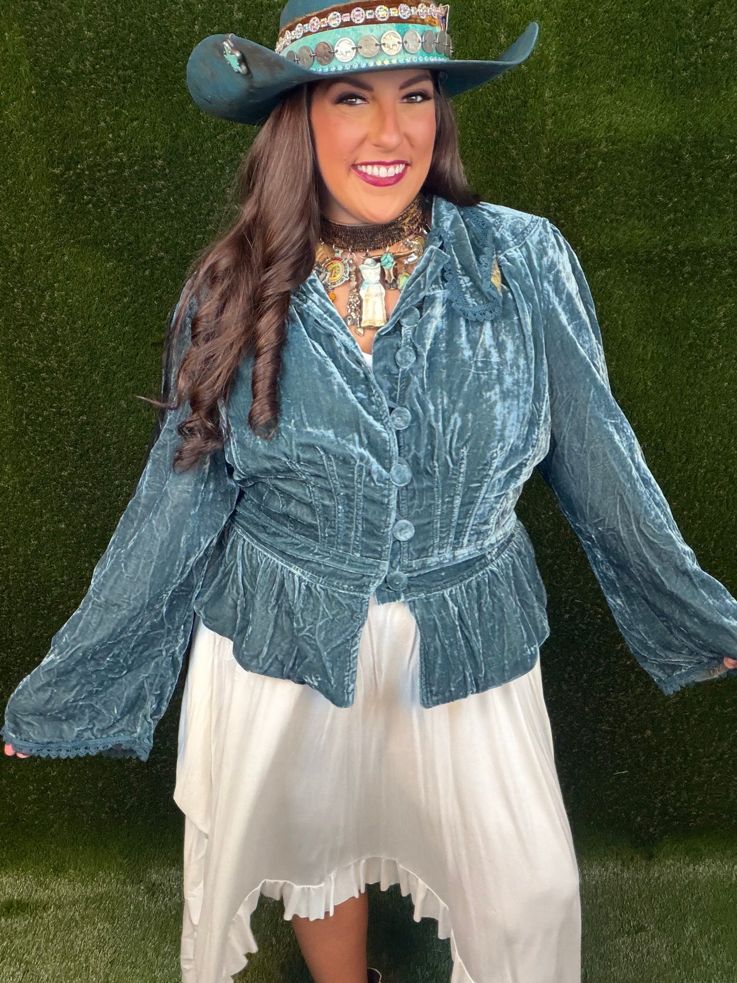 Afternoon Promenade Velvet Jacket - Teal