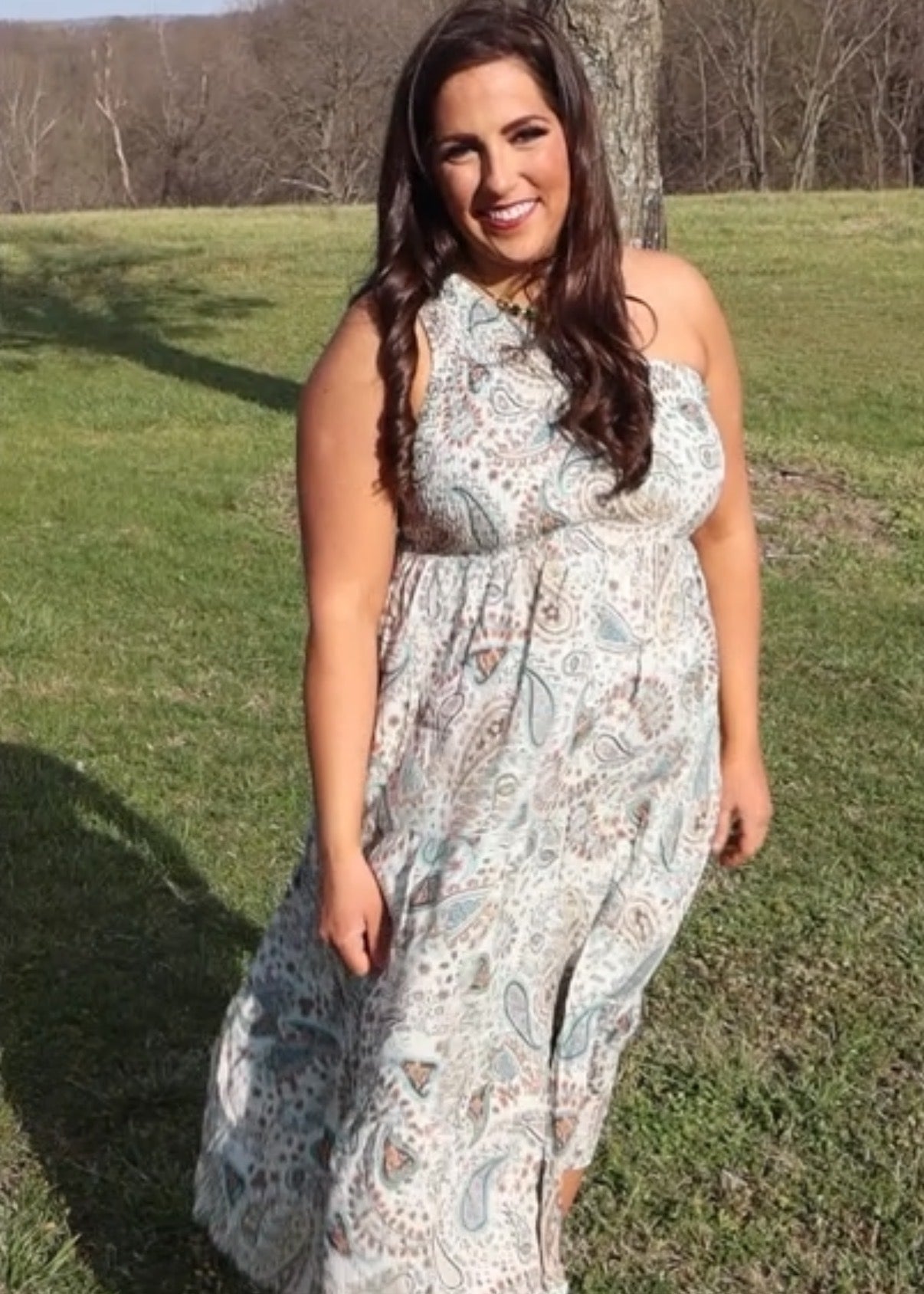 One shoulder Paisley Midi Dress - Mint