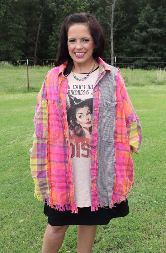 90's Country Plaid - Hot Pink/Neon Yellow Mixed Media Shirt