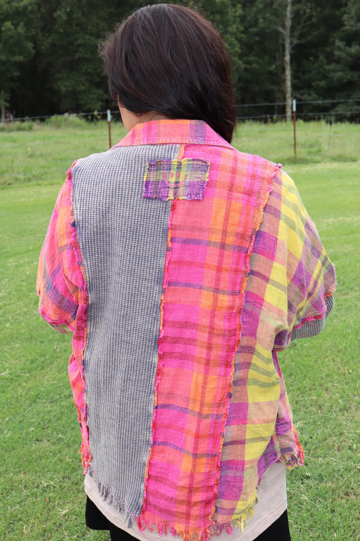 90's Country Plaid - Hot Pink/Neon Yellow Mixed Media Shirt