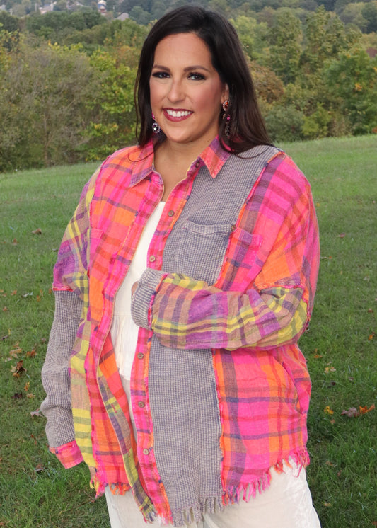 90's Country Plaid - Hot Pink/Neon Yellow Mixed Media Shirt
