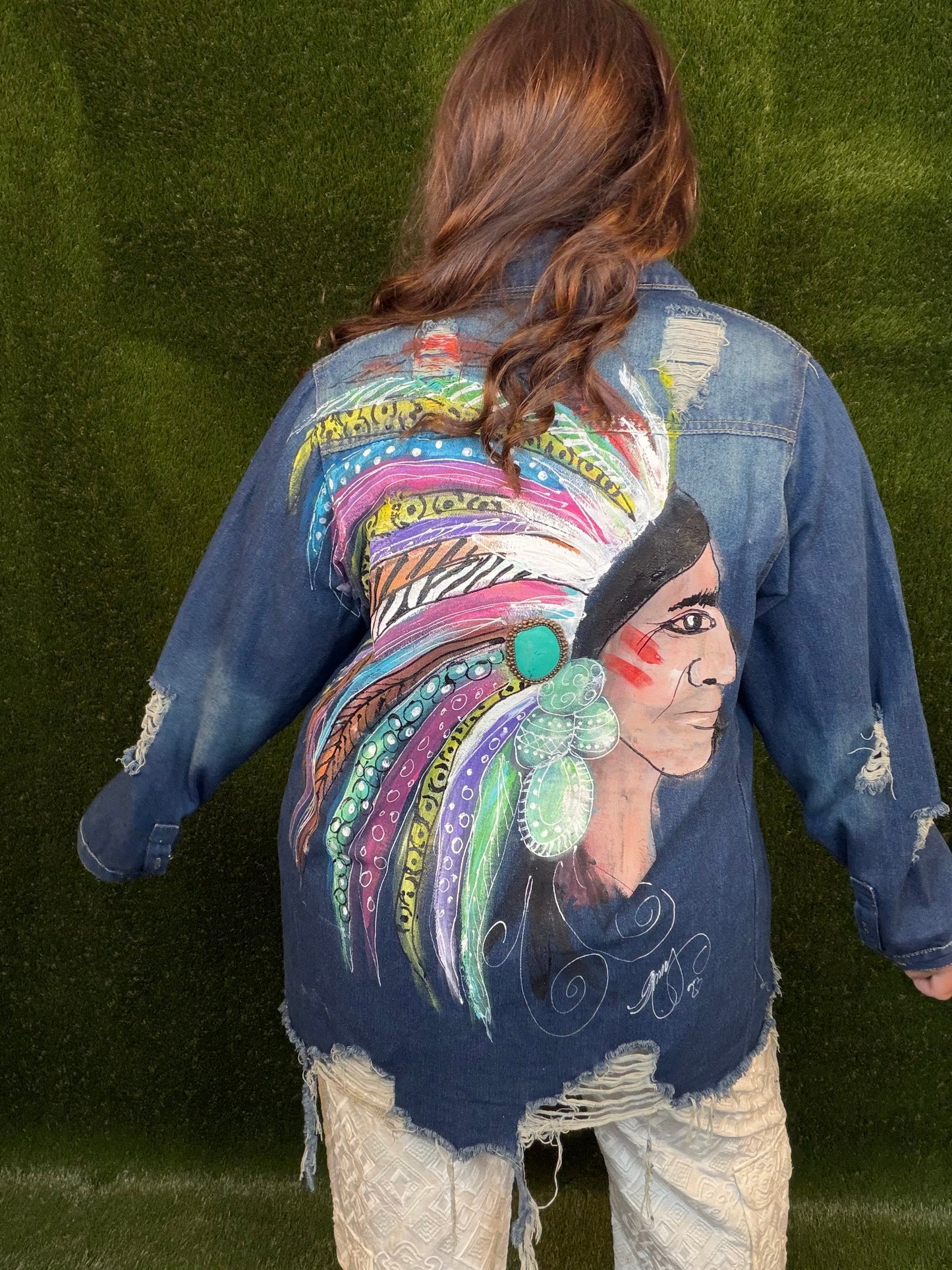 Hand Painted Indian Chief Jacket - Dark Denim