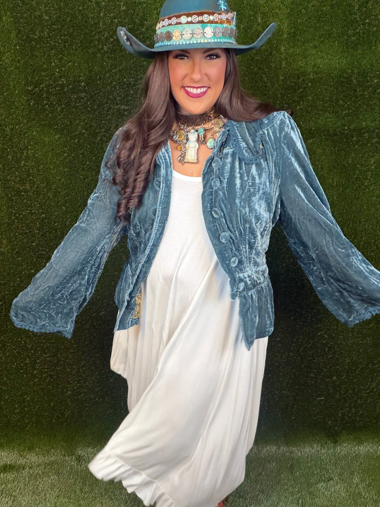 Afternoon Promenade Velvet Jacket - Teal