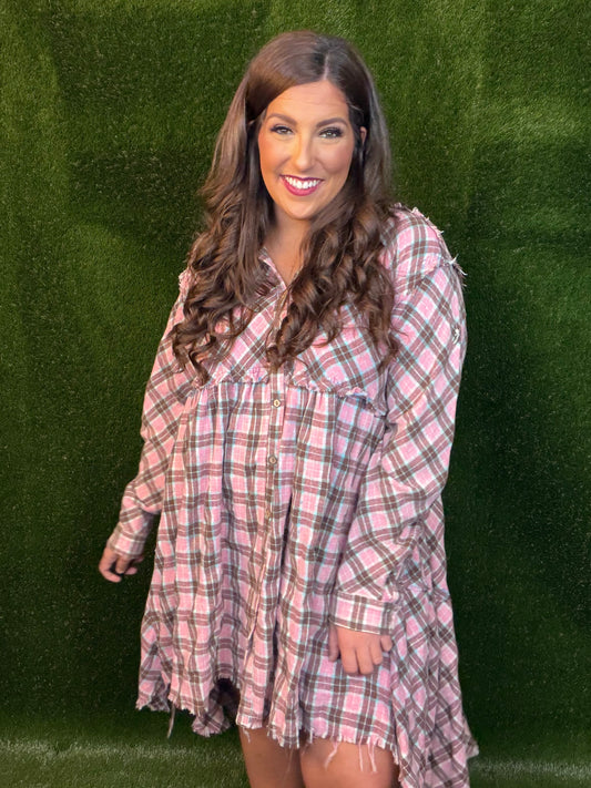 Tiered Check Plaid Dress - Pink/Light Aqua Blue