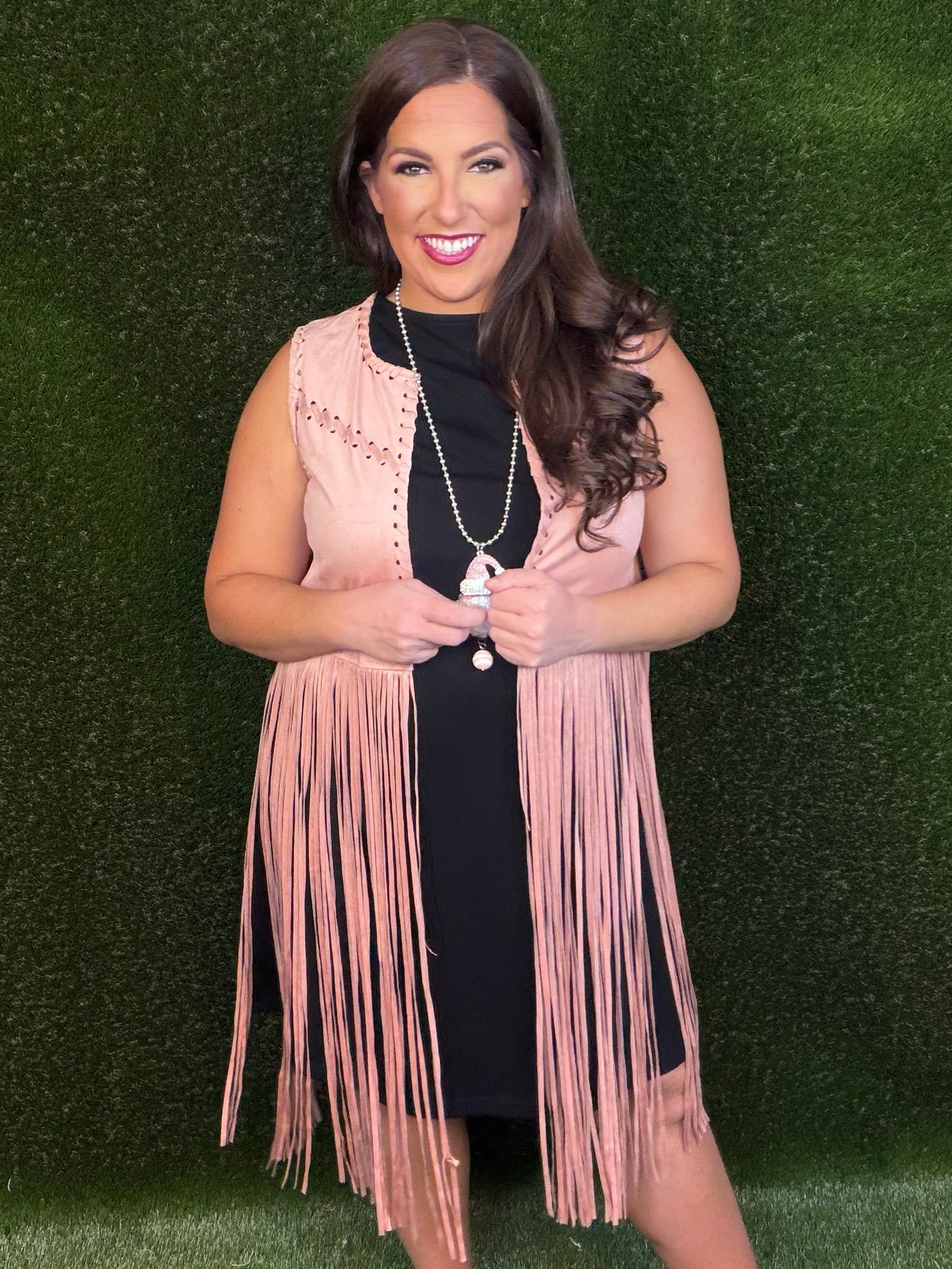 Let's Rodeo Long Suede Fringe Vest - Mauve Pink