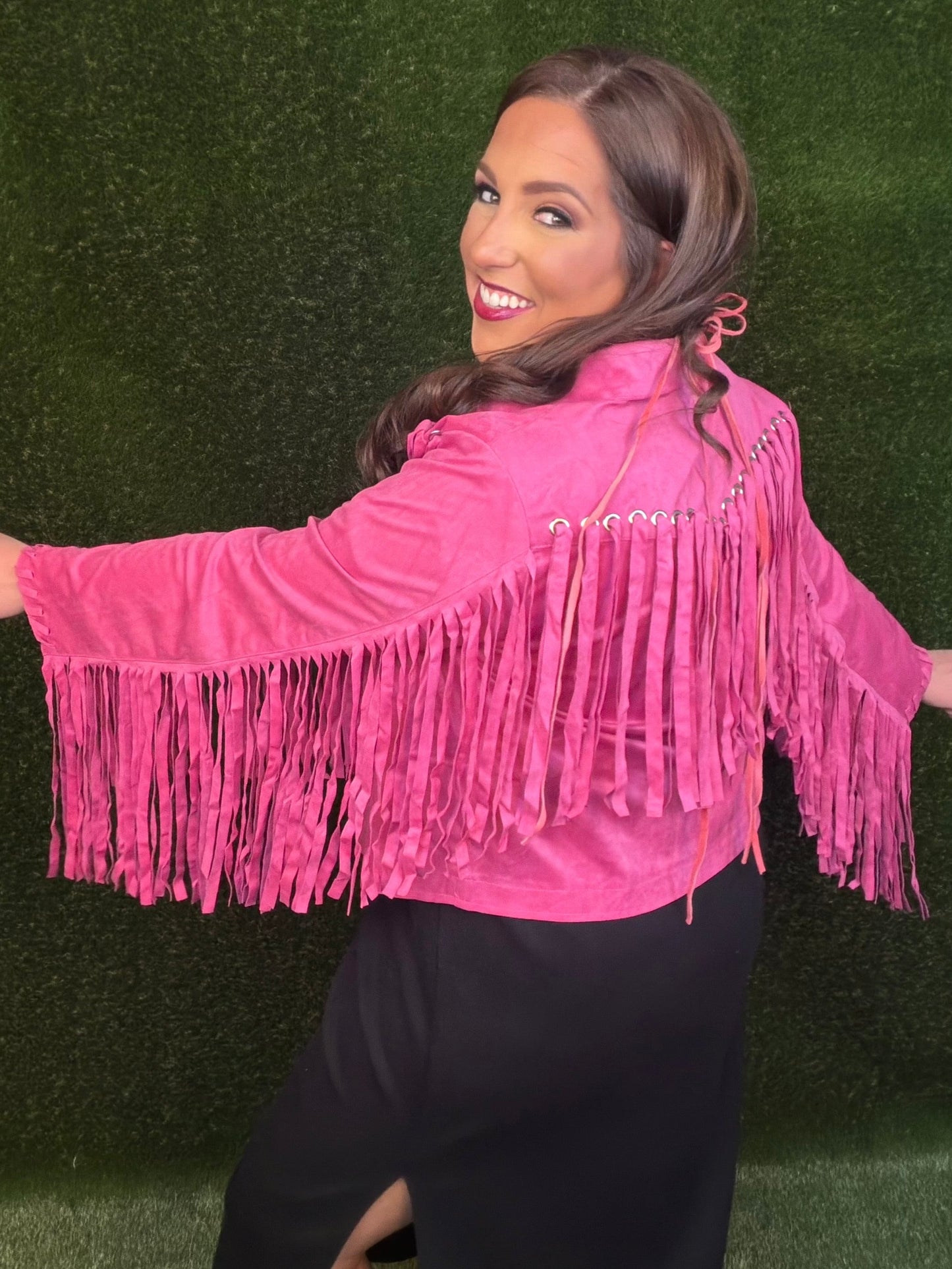 Party On Fringe Suede Jacket - Hot Pink