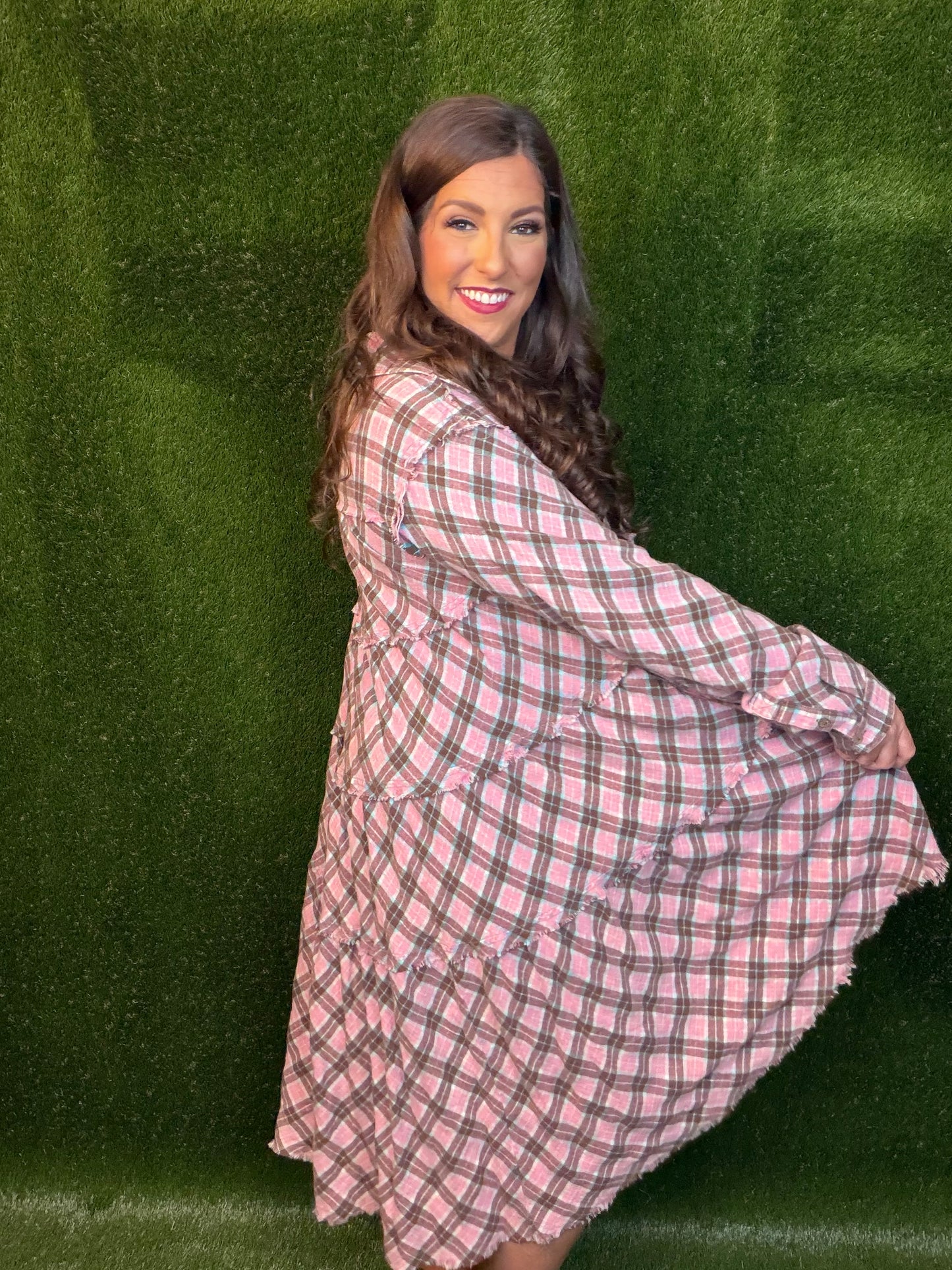 Tiered Check Plaid Dress - Pink/Light Aqua Blue