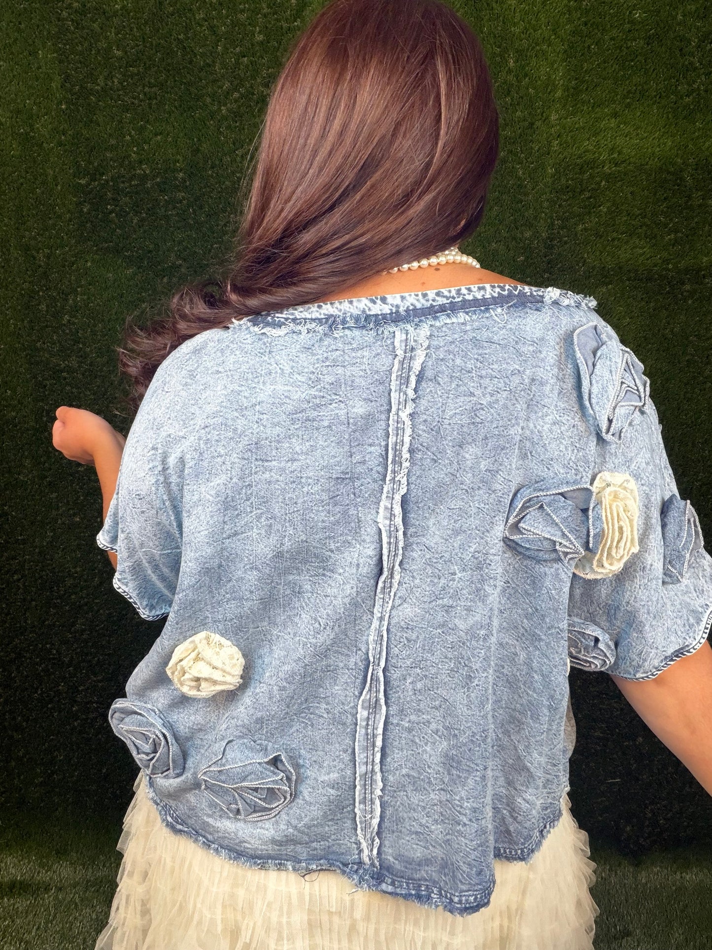 Washed 3D Flower Woven Top - Denim