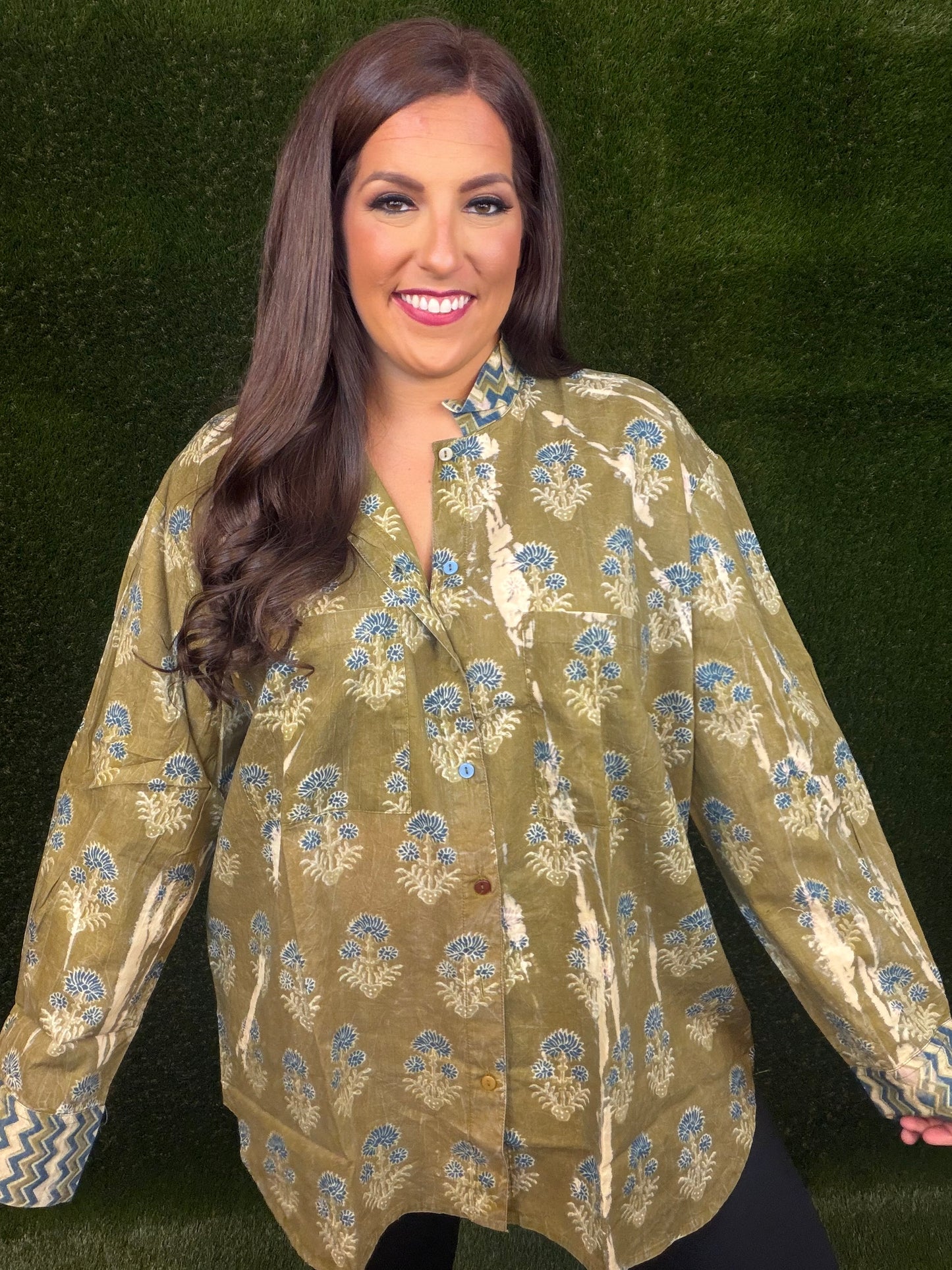 Peaceful Fields Button-Up Shirt - Olive Green with blue flowers