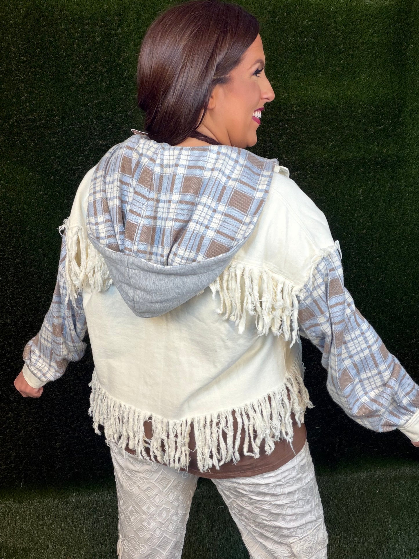 Plaid Sleeve Button Front Jacket - Cream Combo