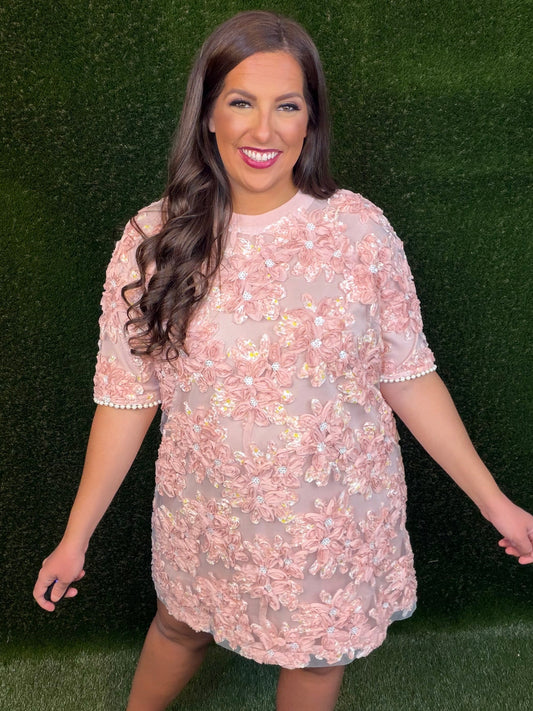 Floral Embroidery Short Dress - Pink