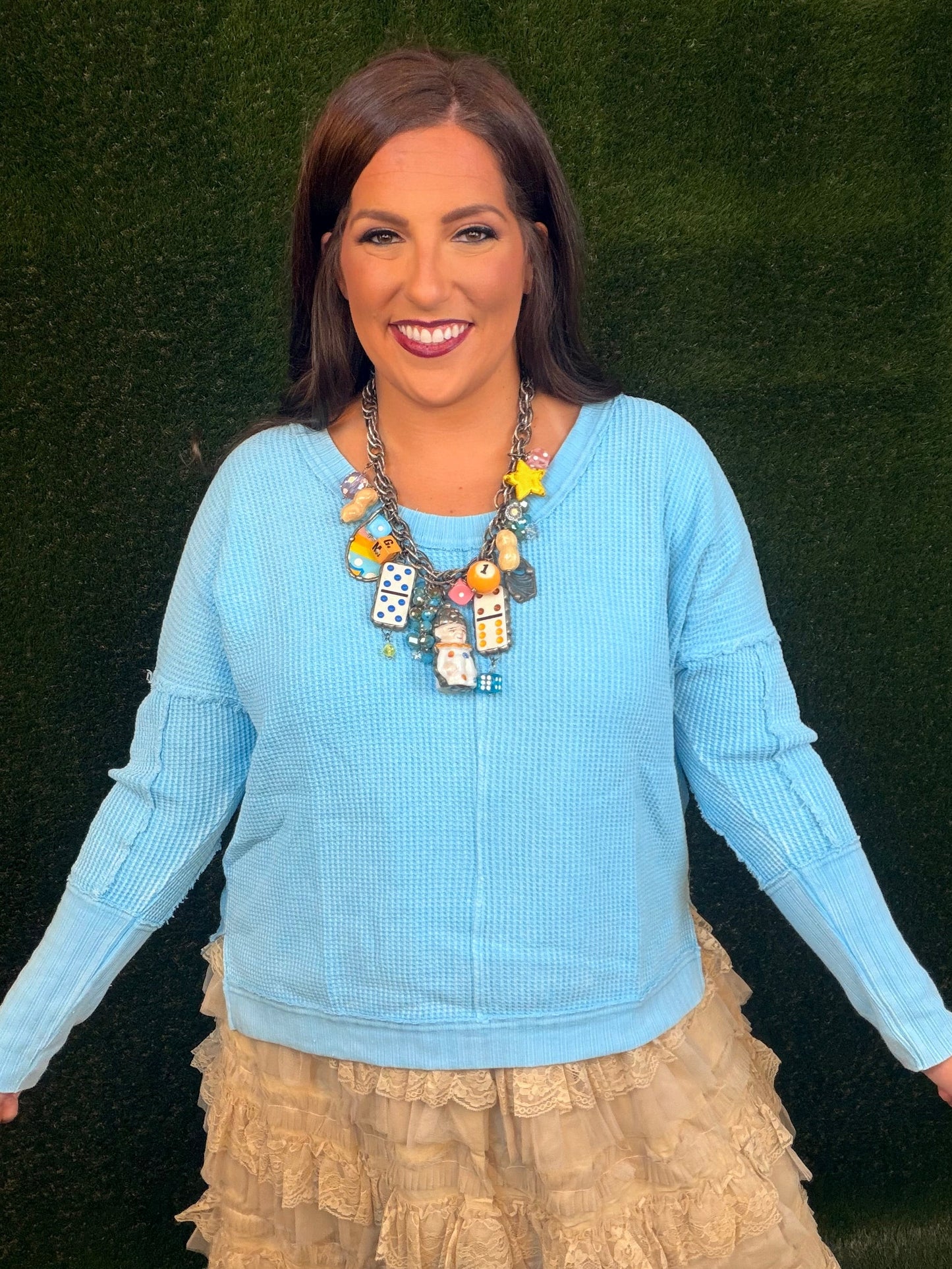 Waffle Round Neck Top - Aqua