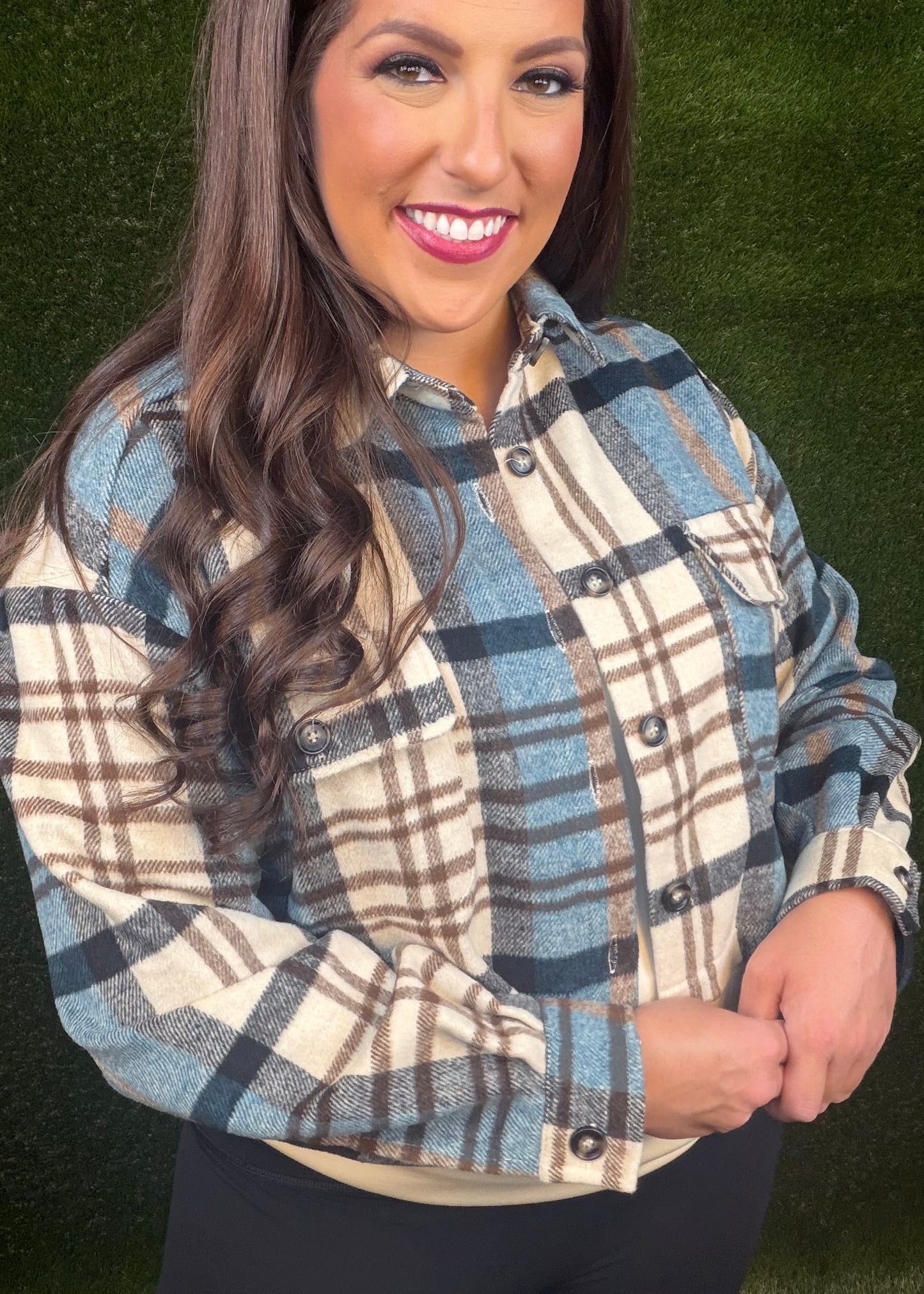 Toasted Earth Cropped Shirt Jacket - Teal/Brown Combo
