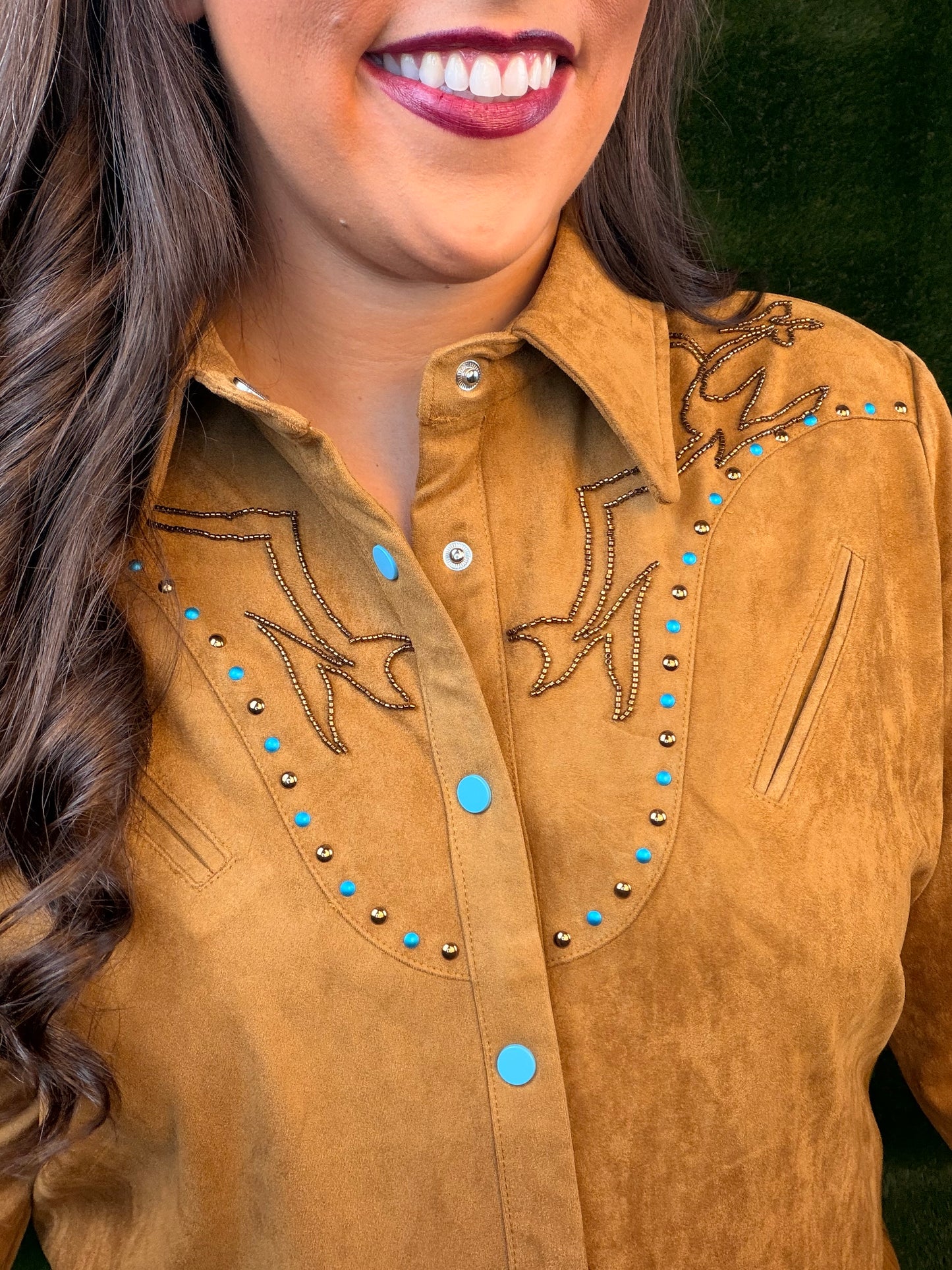 Suede Western Embellished Yoke Snap Up Blouse - Camel