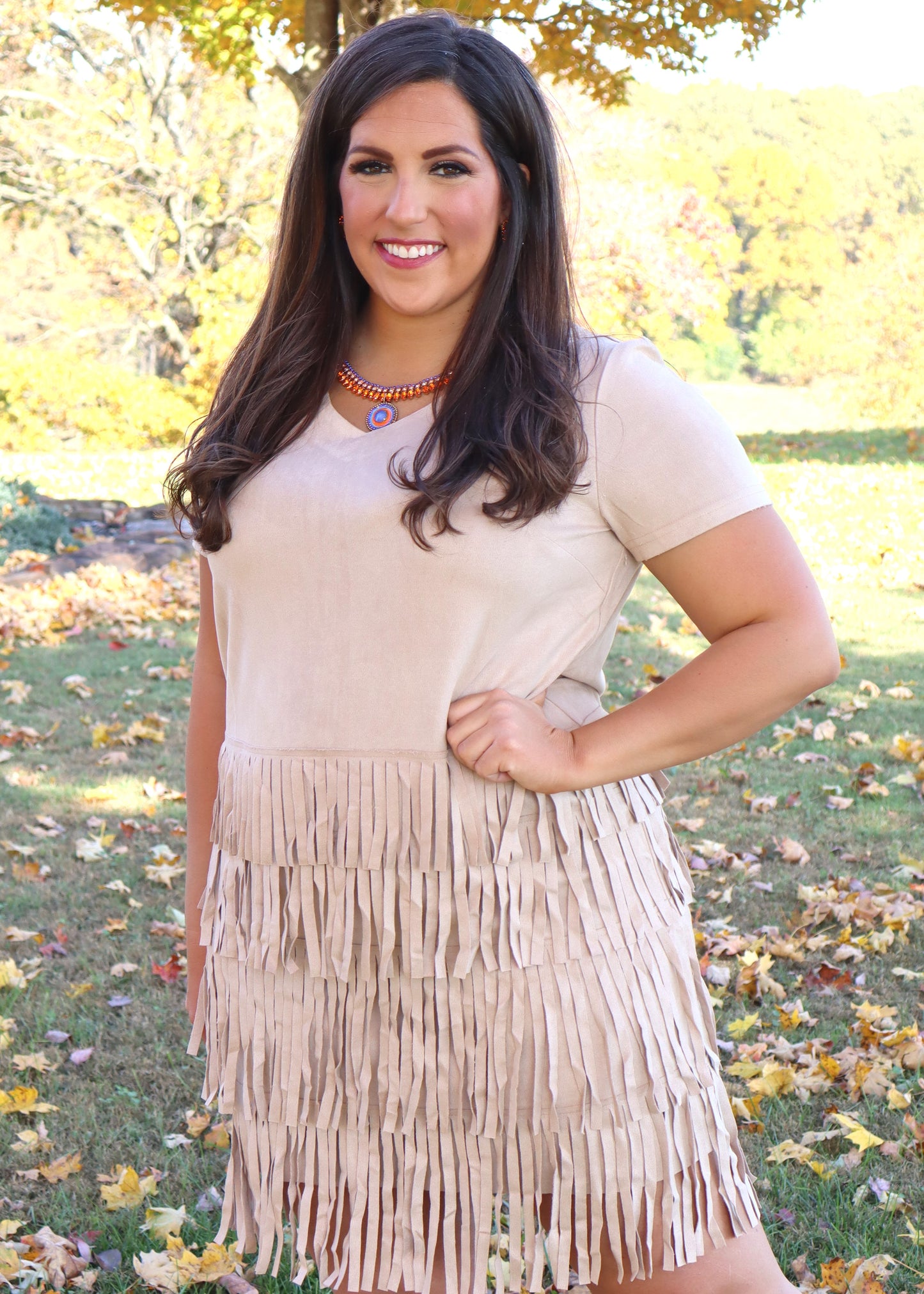 Anything But Basic Suede Fringe Dress - Khaki