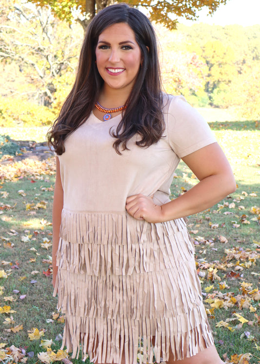 Anything But Basic Suede Fringe Dress - Khaki