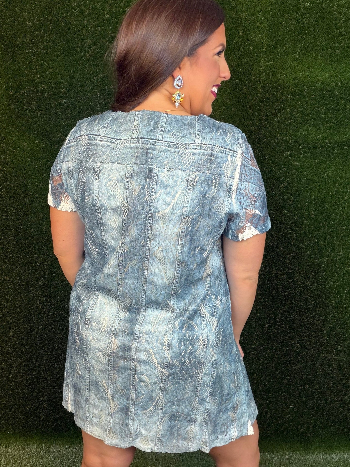 Denim Print V-Neck Short Dress