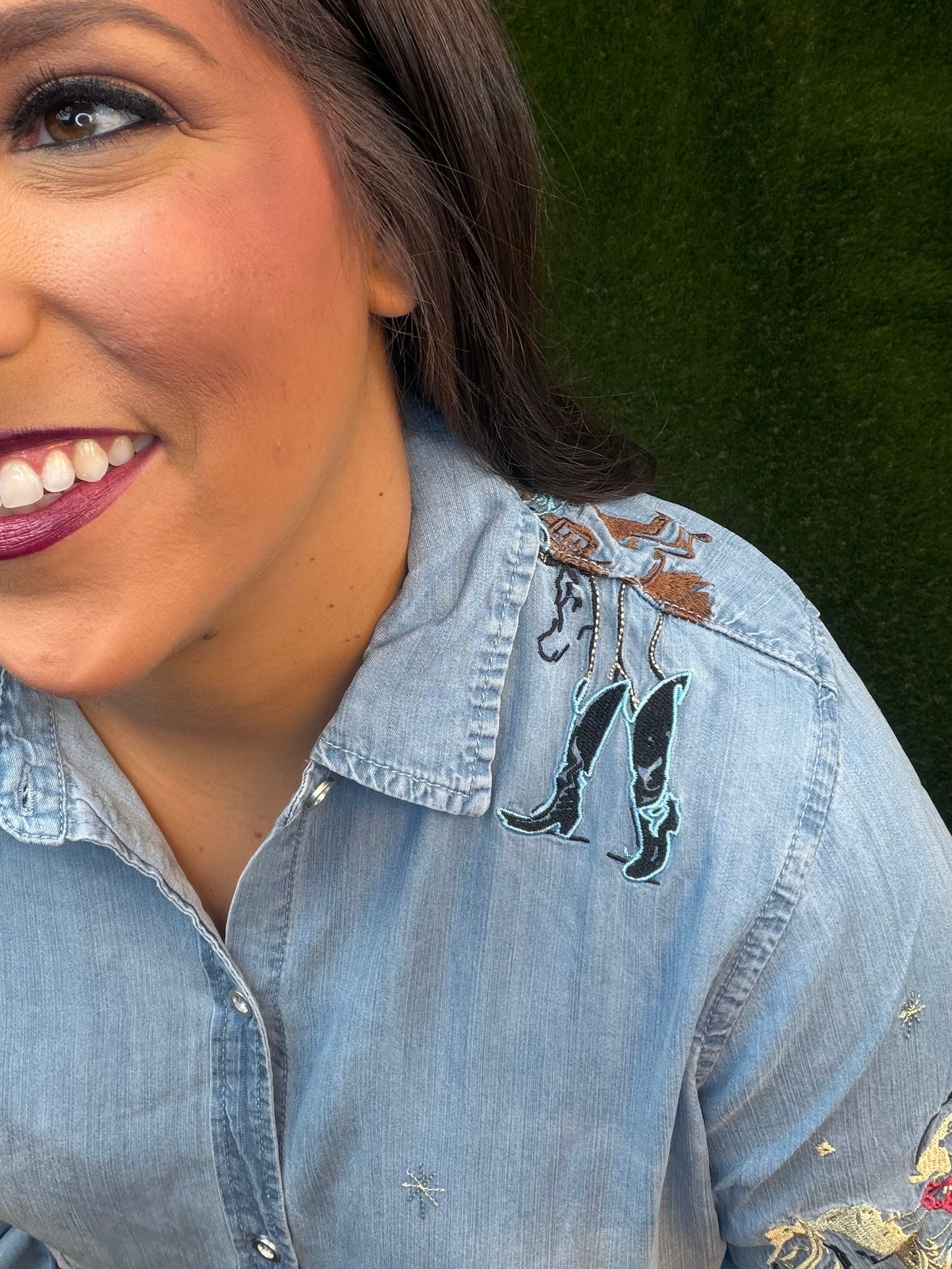 (1 Large Left) Denim Cowgirl Embroidered Button-Up