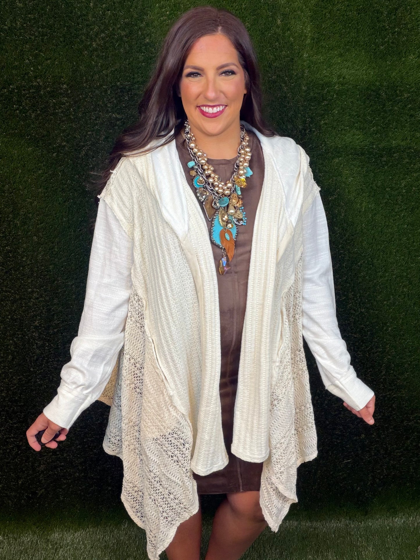 Lace Hoodie Open Jacket Cardigan - Natural