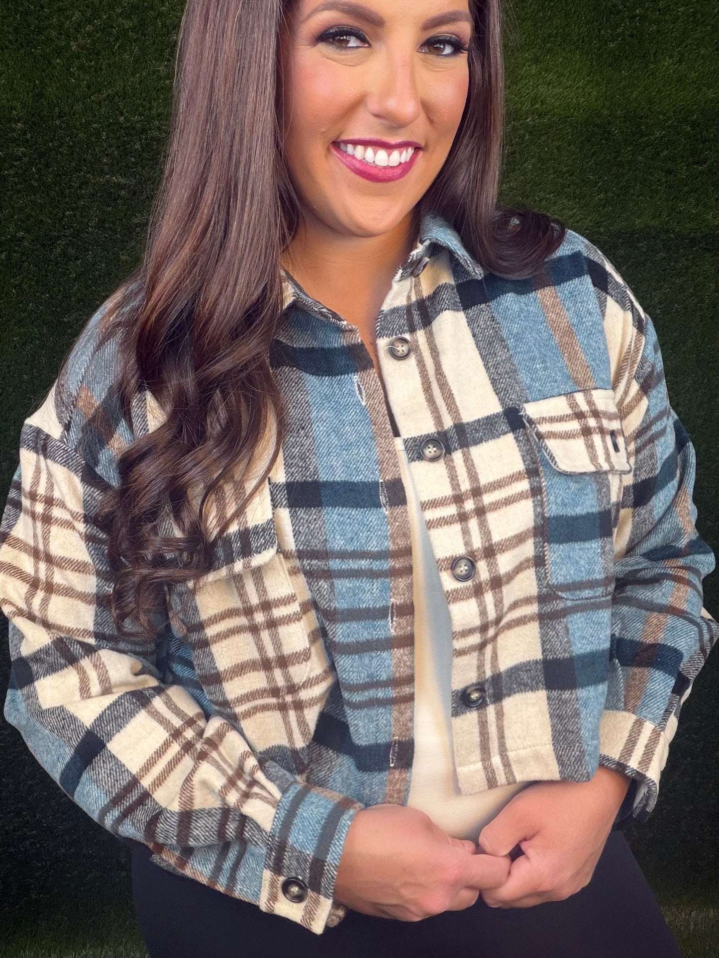 Toasted Earth Cropped Shirt Jacket - Teal/Brown Combo