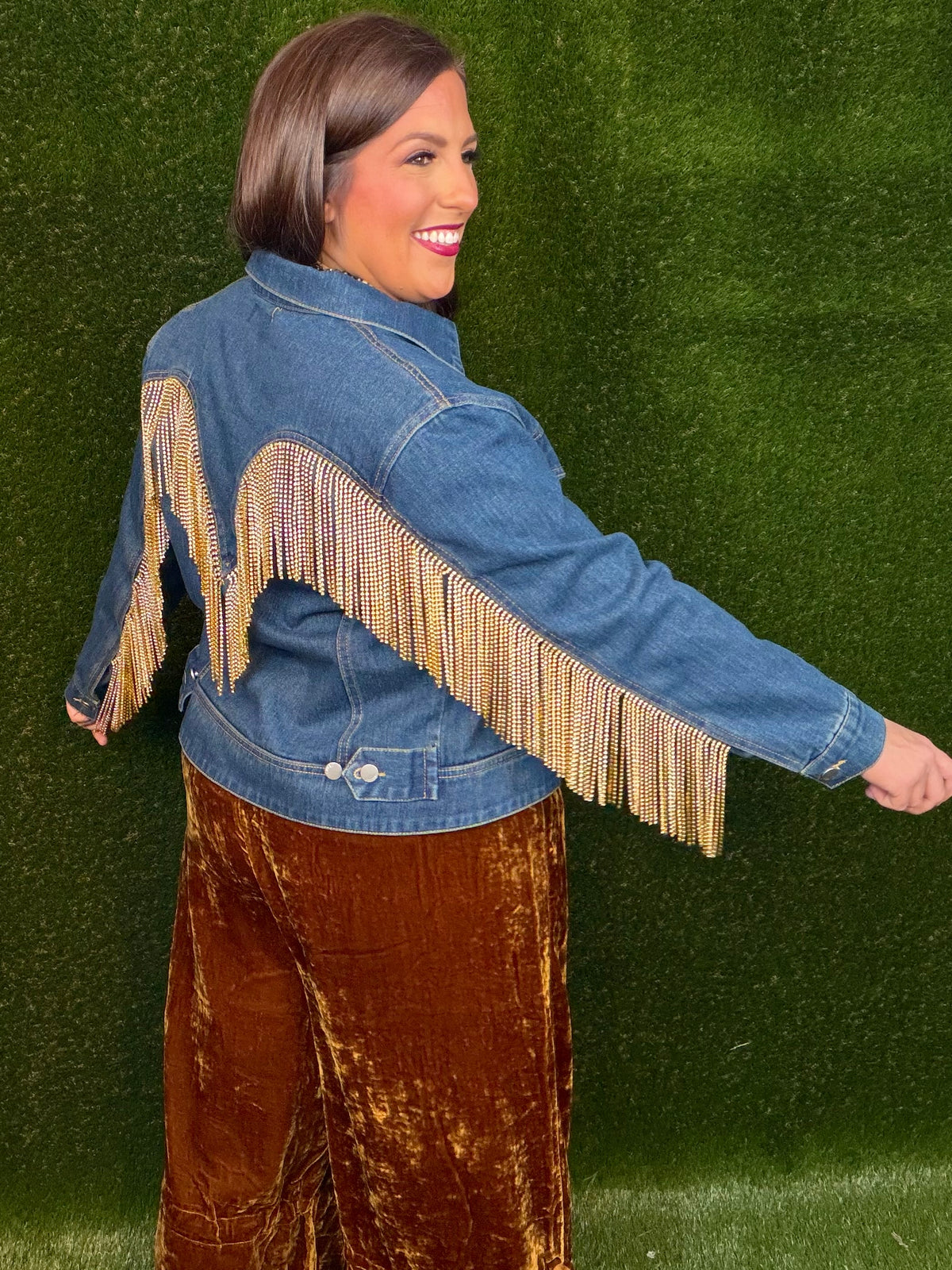 Gold Rhinestone Fringe Dark Denim Jean Jacket