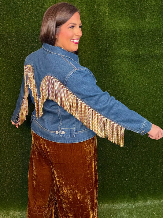 Gold Rhinestone Fringe Dark Denim Jean Jacket
