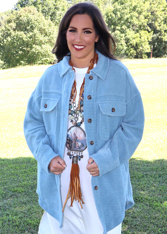 Bonfire With Friends Shirt Jacket - Dusty Blue