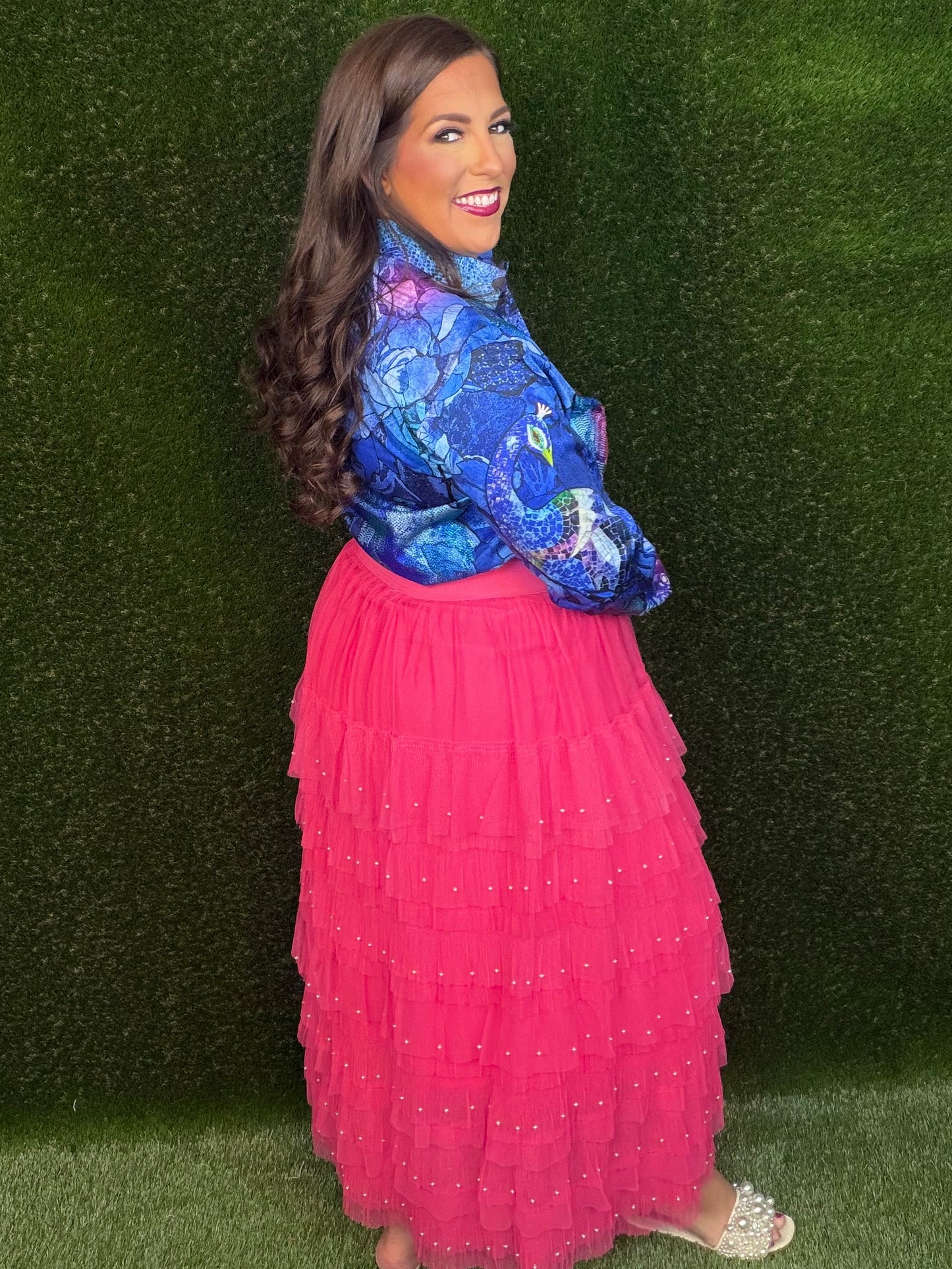 Pearl Embellished Maxi Tulle Skirt - Hot Pink