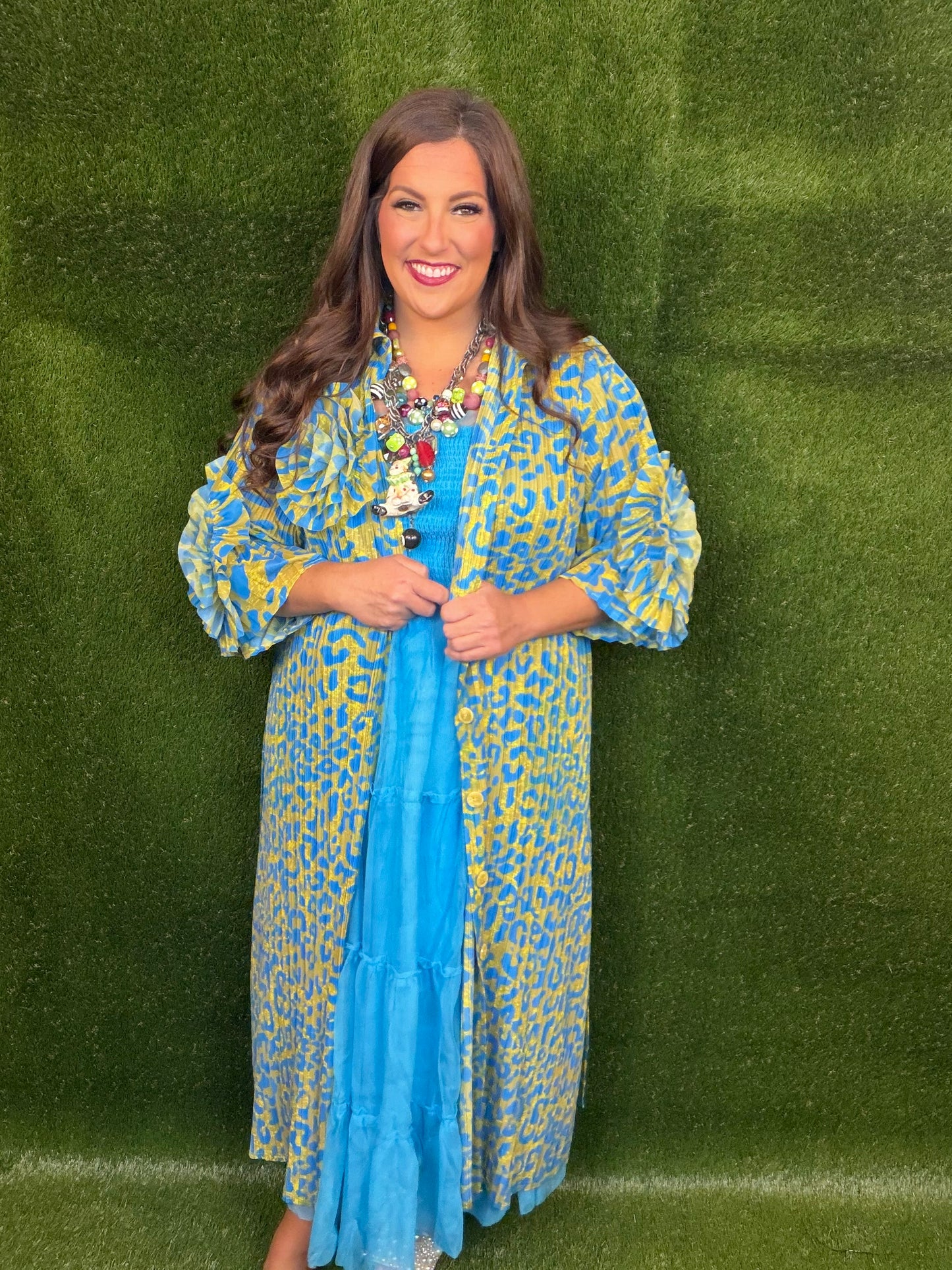 Welcome To The Jungle Leopard Dress - Ocean Blue and Chartreuse Green
