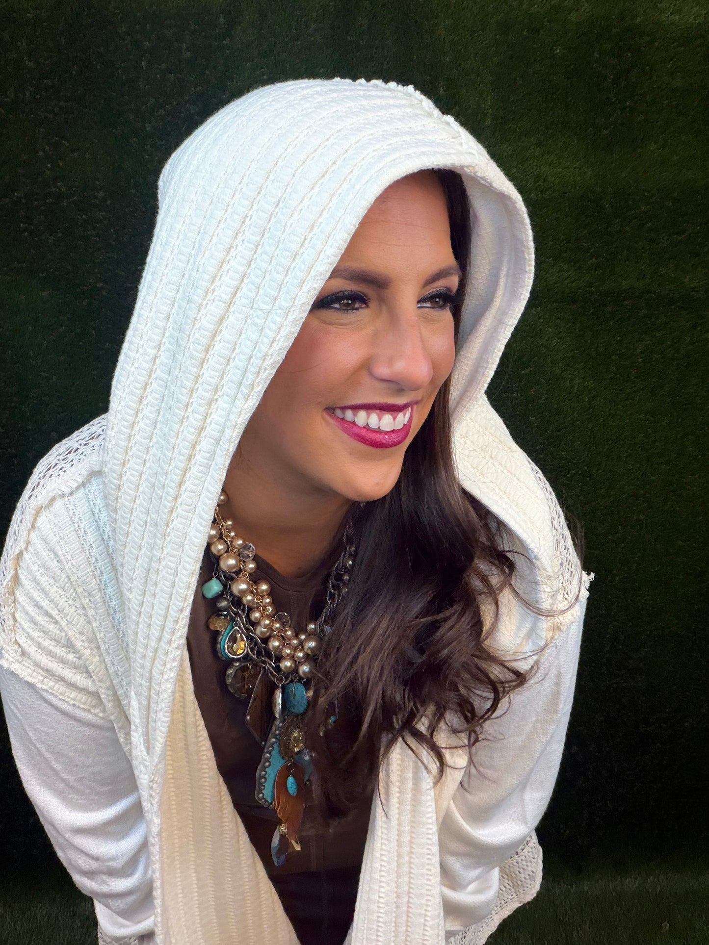 Lace Hoodie Open Jacket Cardigan - Natural