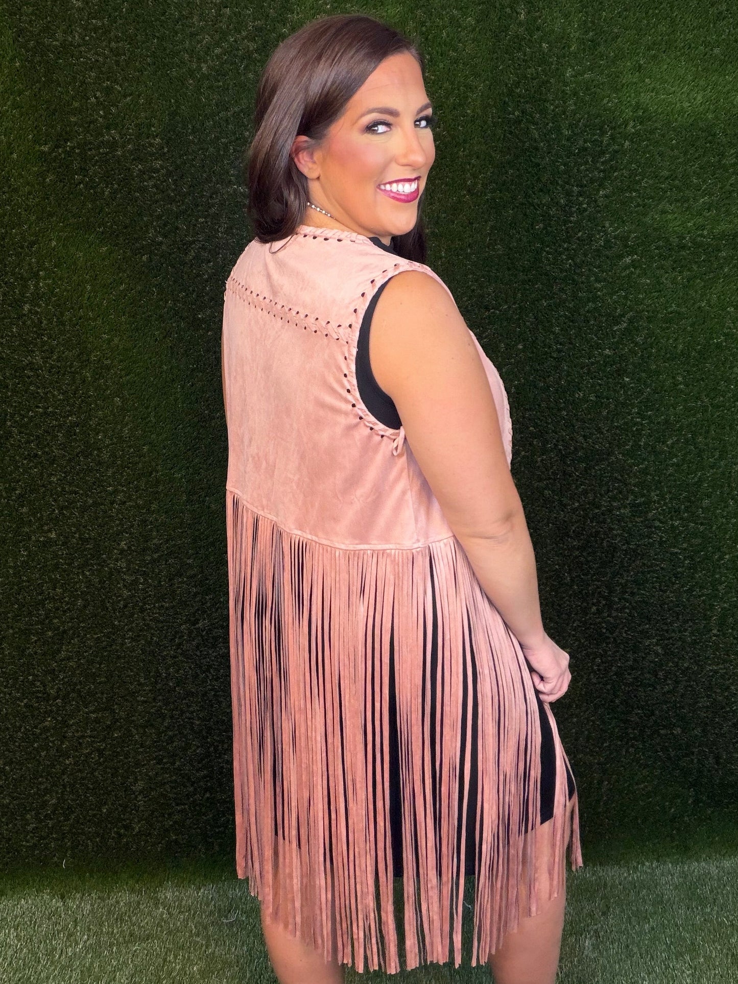 Let's Rodeo Long Suede Fringe Vest - Mauve Pink