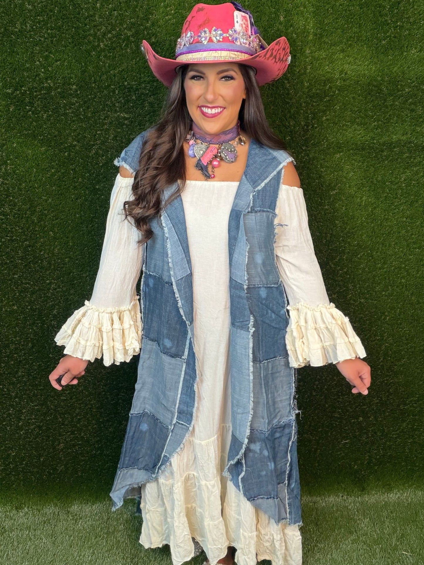 Patchwork Skies Hooded Vest Duster