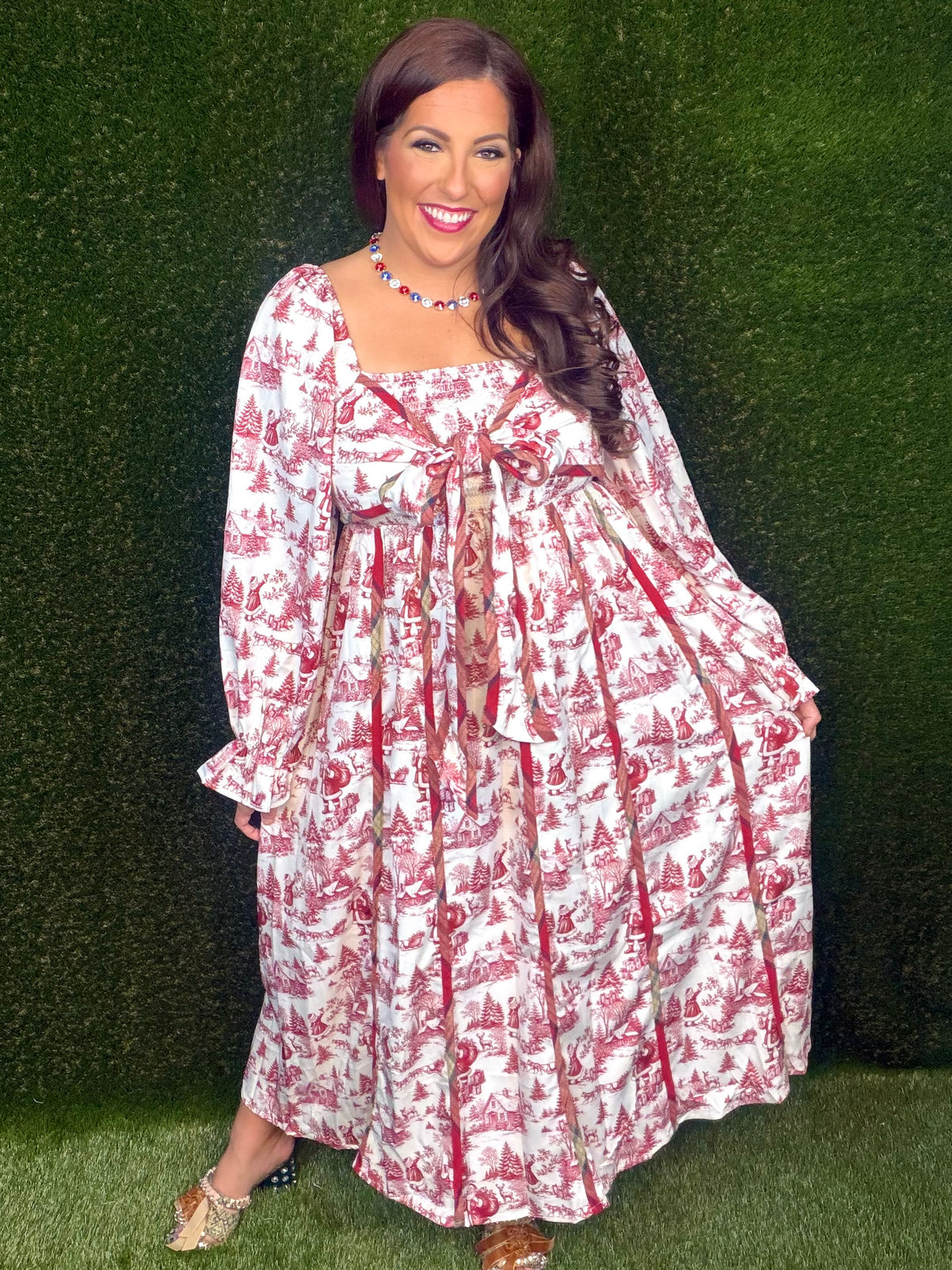 Santa Baby Toile Maxi Dress - Burgundy