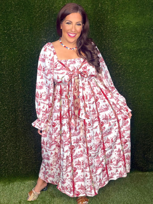 Santa Baby Toile Maxi Dress - Burgundy