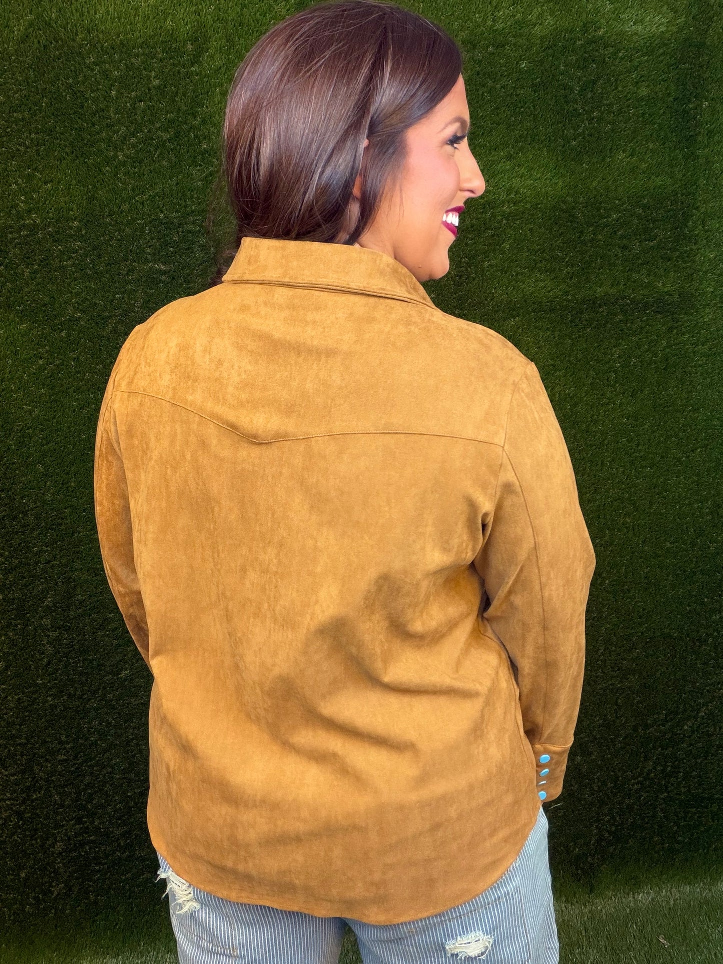 Suede Western Embellished Yoke Snap Up Blouse - Camel