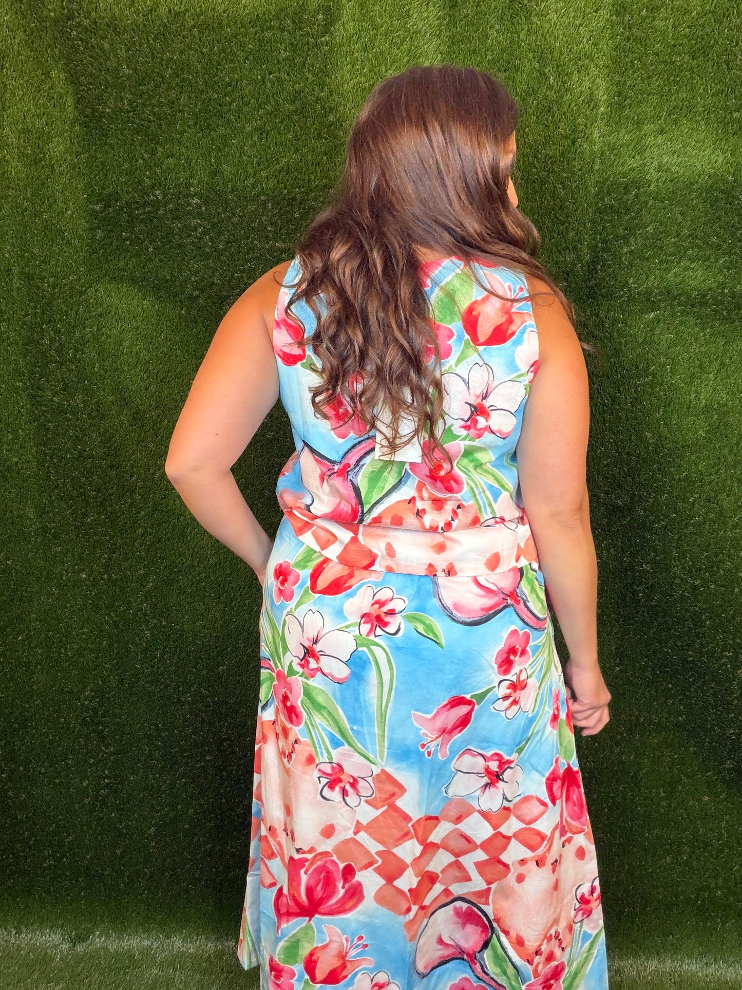 Cascading Bloom Midi Skirt Set - Coral and Aqua